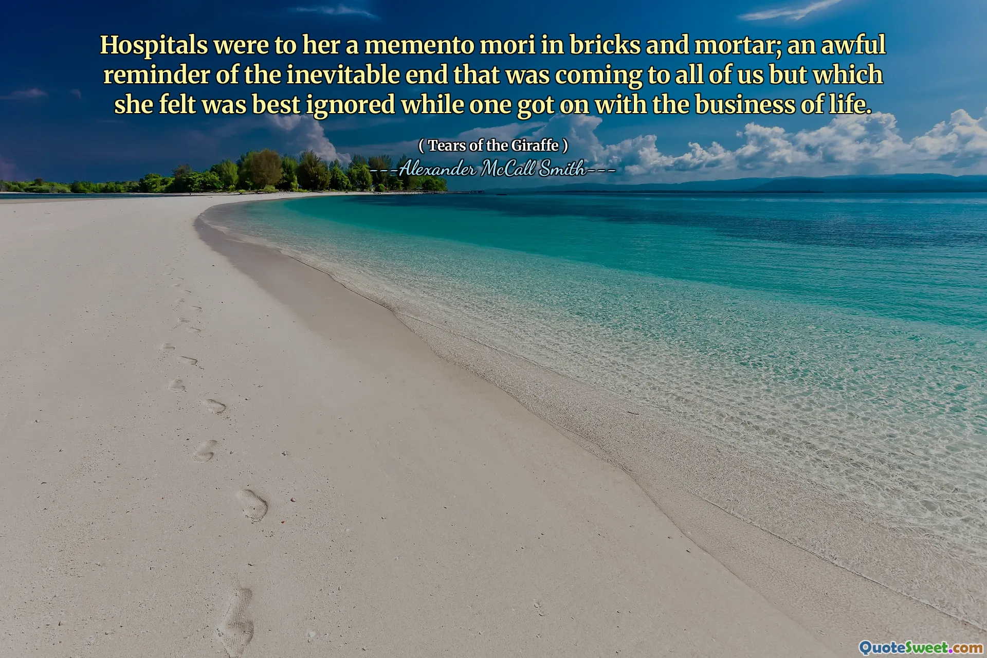 Gli ospedali erano per lei un ricordo in mattoni e mortaio; Un terribile promemoria dell'inevitabile fine che stava arrivando a tutti noi ma che sentiva è meglio ignorare mentre uno andava avanti con gli affari della vita.