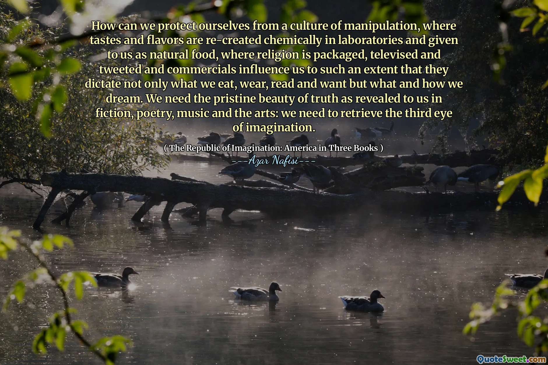 How can we protect ourselves from a culture of manipulation, where tastes and flavors are re-created chemically in laboratories and given to us as natural food, where religion is packaged, televised and tweeted and commercials influence us to such an extent that they dictate not only what we eat, wear, read and want but what and how we dream. We need the pristine beauty of truth as revealed to us in fiction, poetry, music and the arts: we need to retrieve the third eye of imagination.