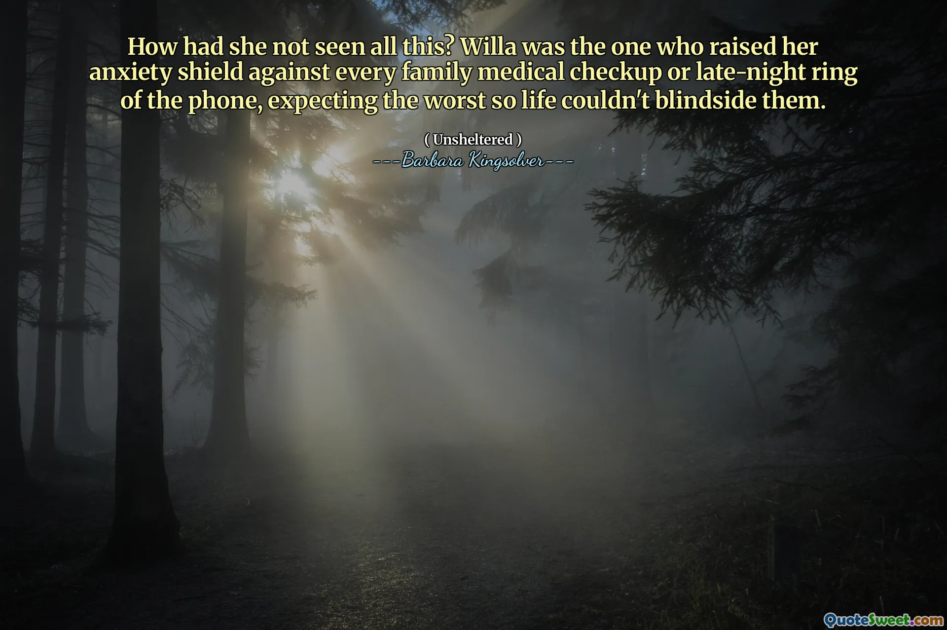 Hoe had ze dit allemaal niet gezien? Willa was degene die haar angstschild heeft opgevoed tegen elke medische controle van het gezin of de 's avonds laat van de telefoon, in verwachting het ergste zodat het leven hen niet kon verblinden.