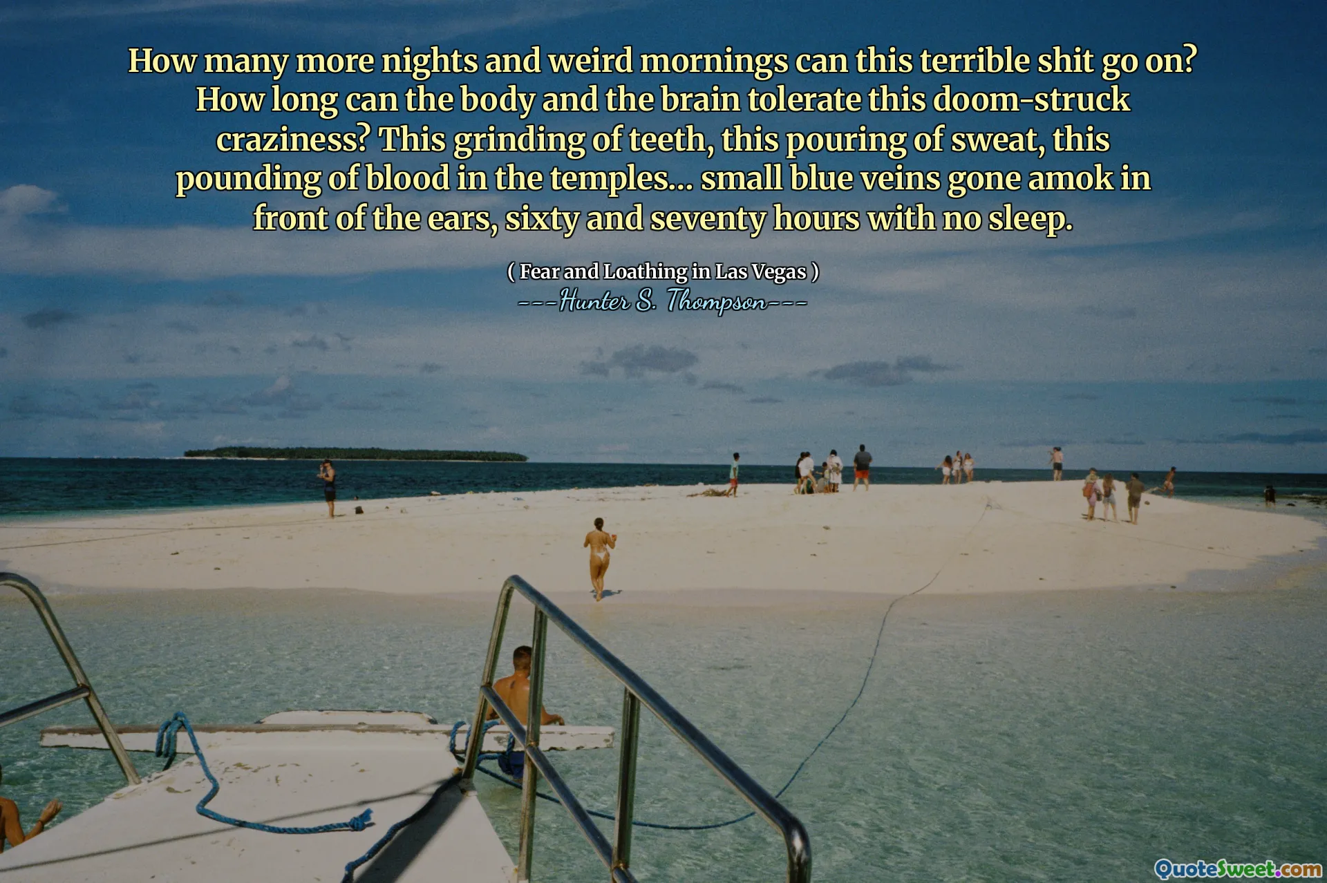 Ile kolejnych nocy i dziwne poranki może kontynuować to okropne gówno? Jak długo ciało i mózg mogą tolerować to szaleństwo o rozciągnięciu zagłady? To szlifowanie zębów, to wylewanie potu, to walenie krwi w świątyniach… małe niebieskie żyły stały się amokowe przed uszami, sześćdziesiąt i siedemdziesiąt godzin bez snu.