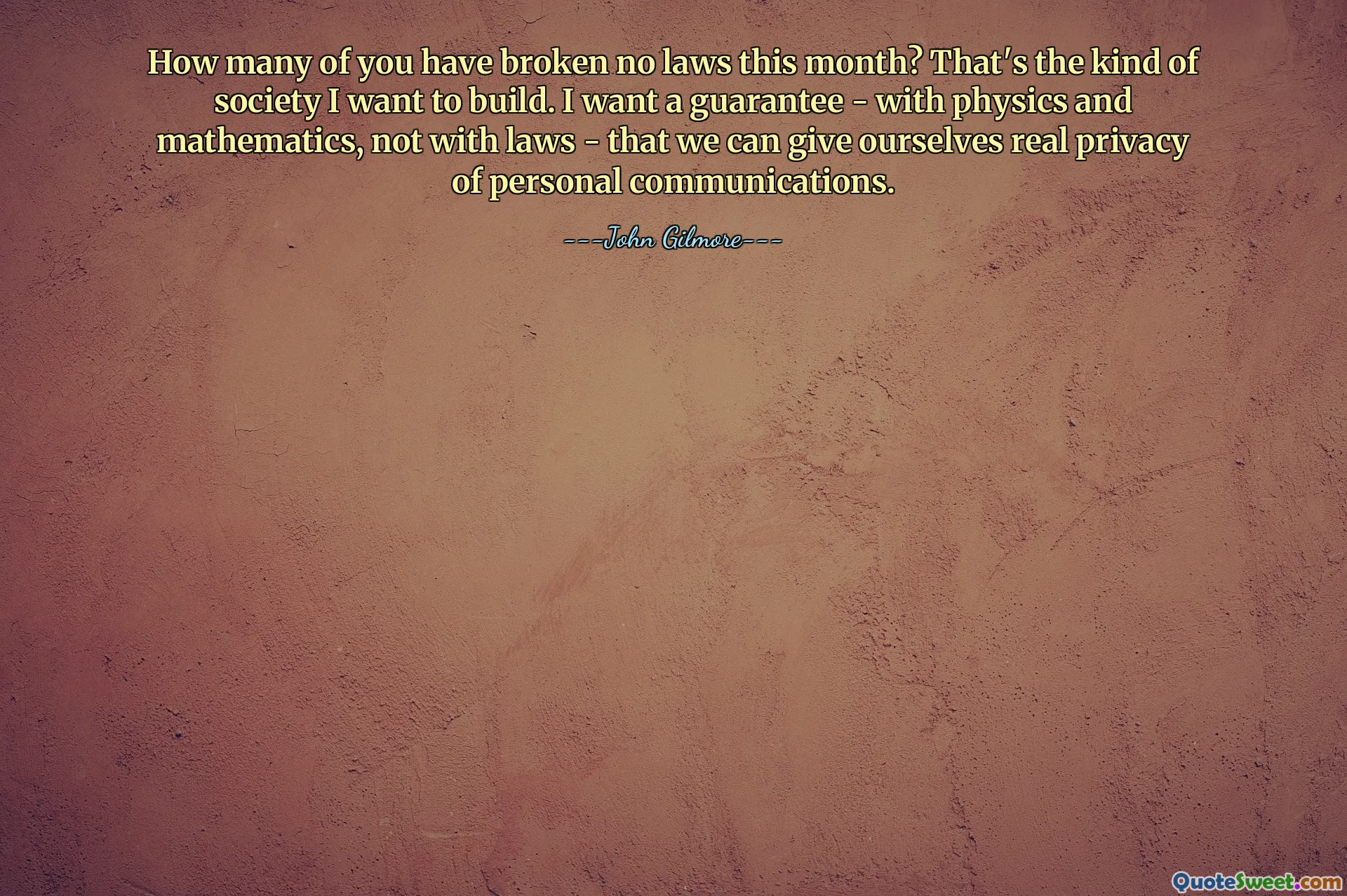 Hur många av er har inte brutit mot lagar den här månaden? Det är ett sådant samhälle jag vill bygga. Jag vill ha en garanti - med fysik och matematik, inte med lagar - att vi kan ge oss själva verklig sekretess för personlig kommunikation.