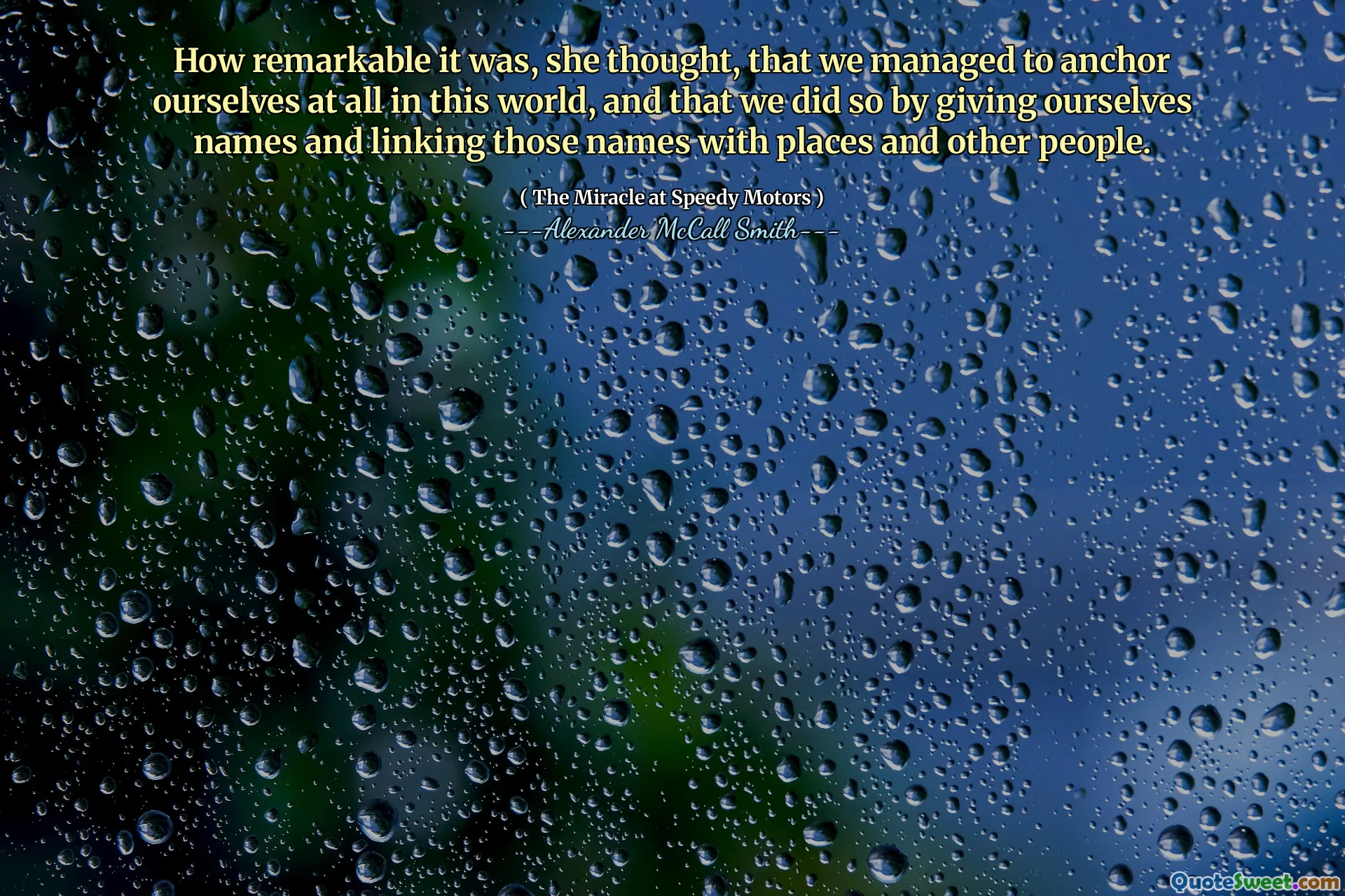 How remarkable it was, she thought, that we managed to anchor ourselves at all in this world, and that we did so by giving ourselves names and linking those names with places and other people.