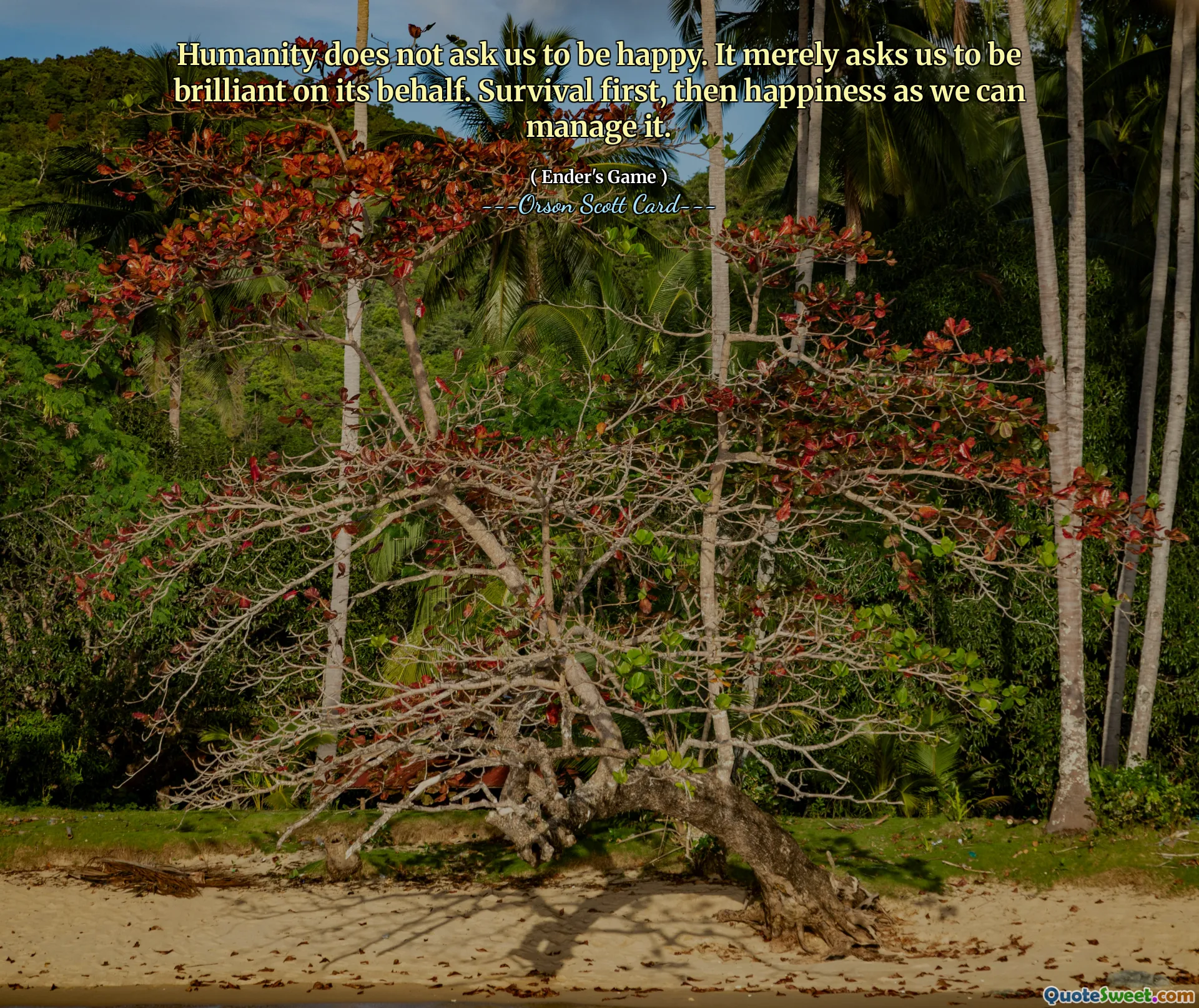 Mänskligheten ber oss inte att vara lyckliga. Den ber oss bara att vara briljanta å dess vägnar. Överlevnad först, sedan lycka som vi kan hantera den.