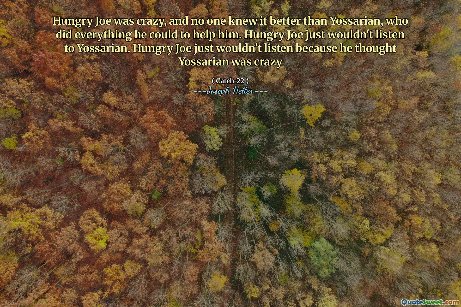 Hungry Joe was crazy, and no one knew it better than Yossarian, who did everything he could to help him. Hungry Joe just wouldn't listen to Yossarian. Hungry Joe just wouldn't listen because he thought Yossarian was crazy