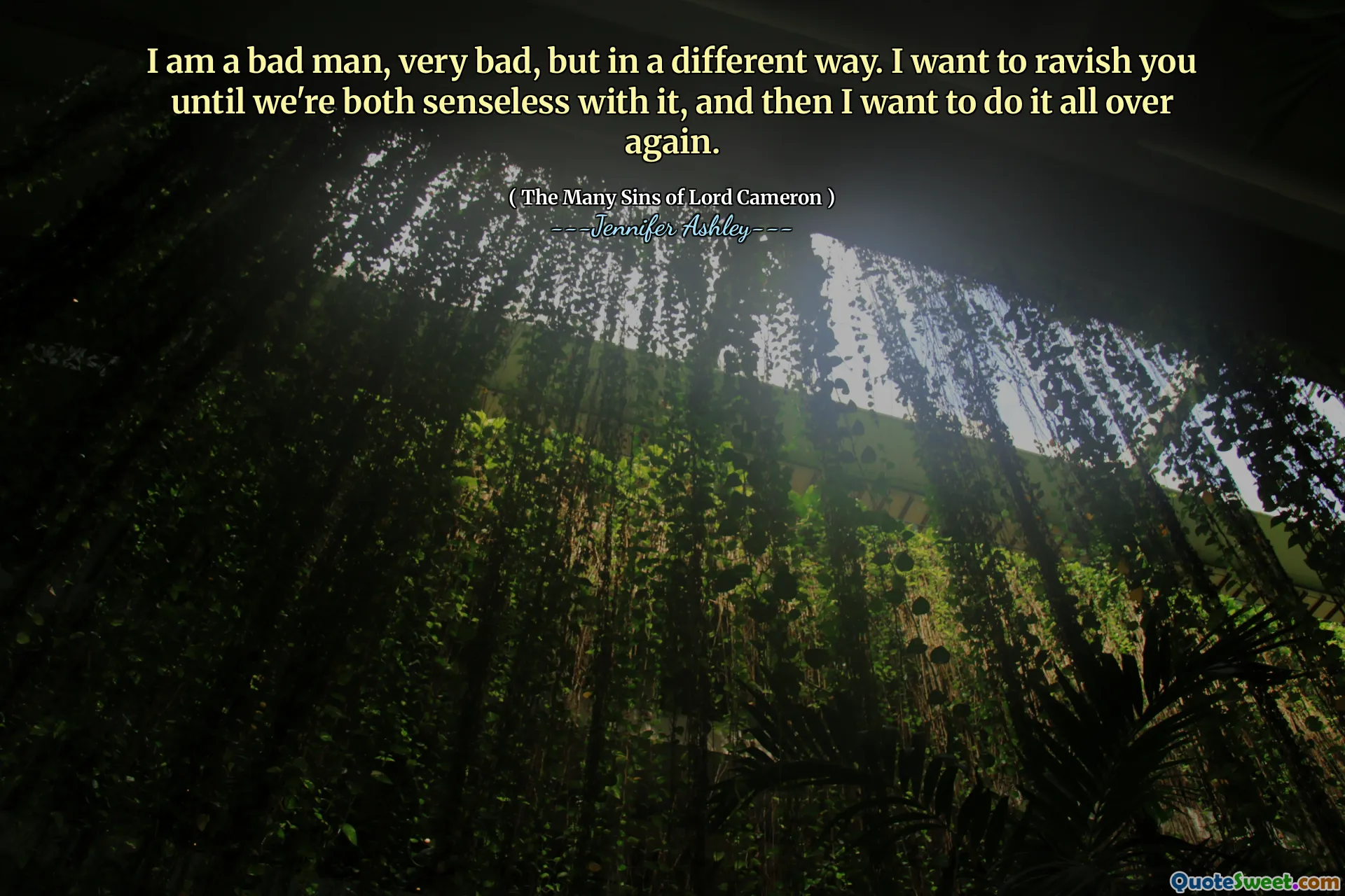 I am a bad man, very bad, but in a different way. I want to ravish you until we're both senseless with it, and then I want to do it all over again.