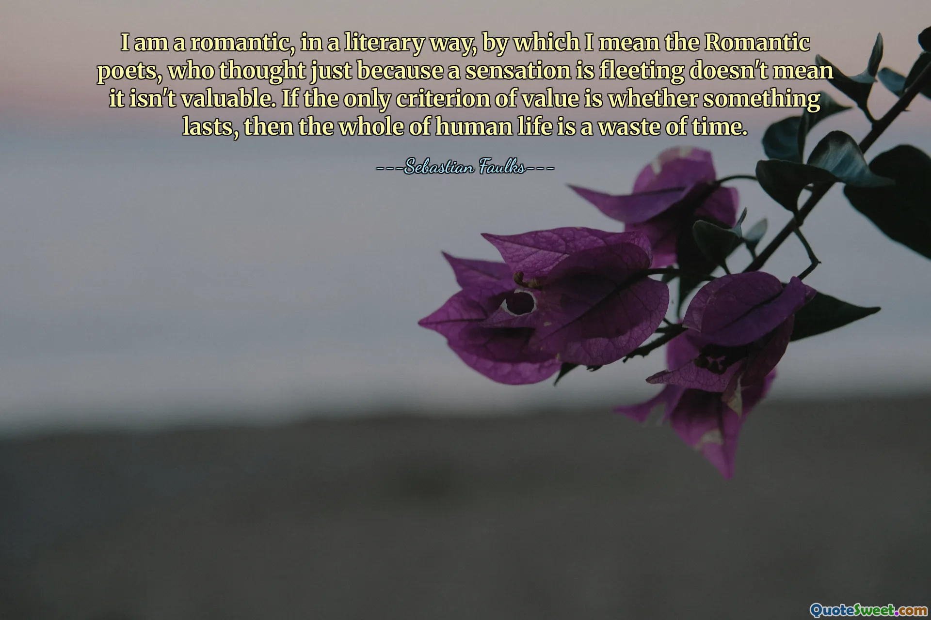 I am a romantic, in a literary way, by which I mean the Romantic poets, who thought just because a sensation is fleeting doesn't mean it isn't valuable. If the only criterion of value is whether something lasts, then the whole of human life is a waste of time.
