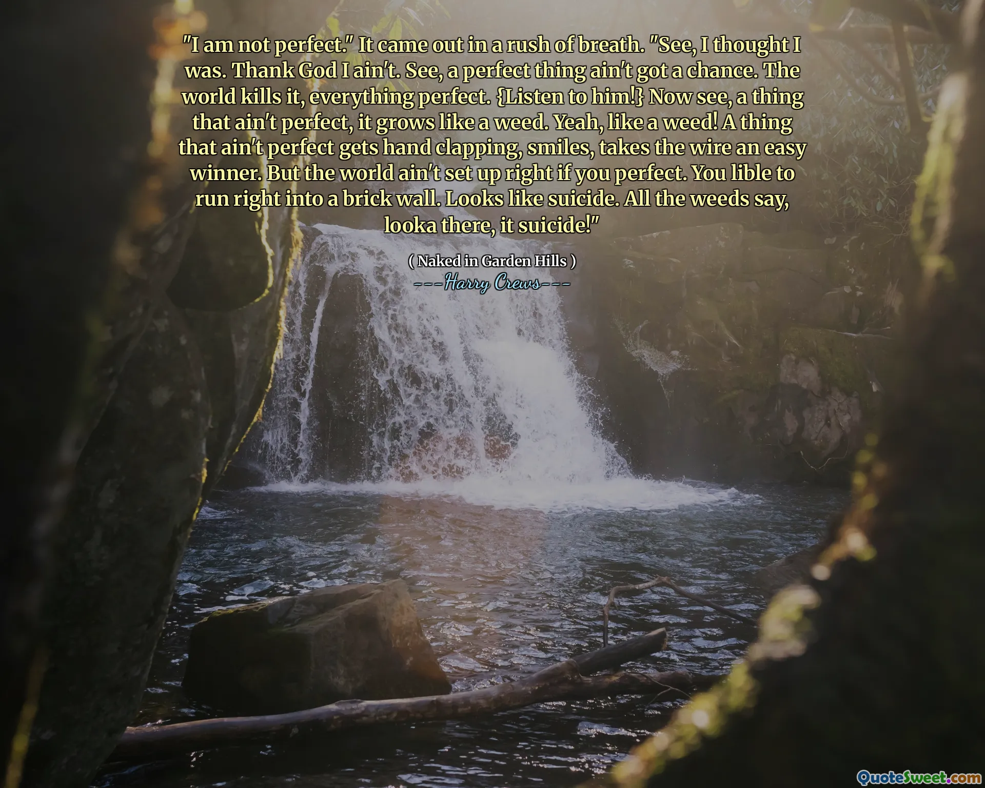 "I am not perfect." It came out in a rush of breath. "See, I thought I was. Thank God I ain't. See, a perfect thing ain't got a chance. The world kills it, everything perfect. {Listen to him!} Now see, a thing that ain't perfect, it grows like a weed. Yeah, like a weed! A thing that ain't perfect gets hand clapping, smiles, takes the wire an easy winner. But the world ain't set up right if you perfect. You lible to run right into a brick wall. Looks like suicide. All the weeds say, looka there, it suicide!"