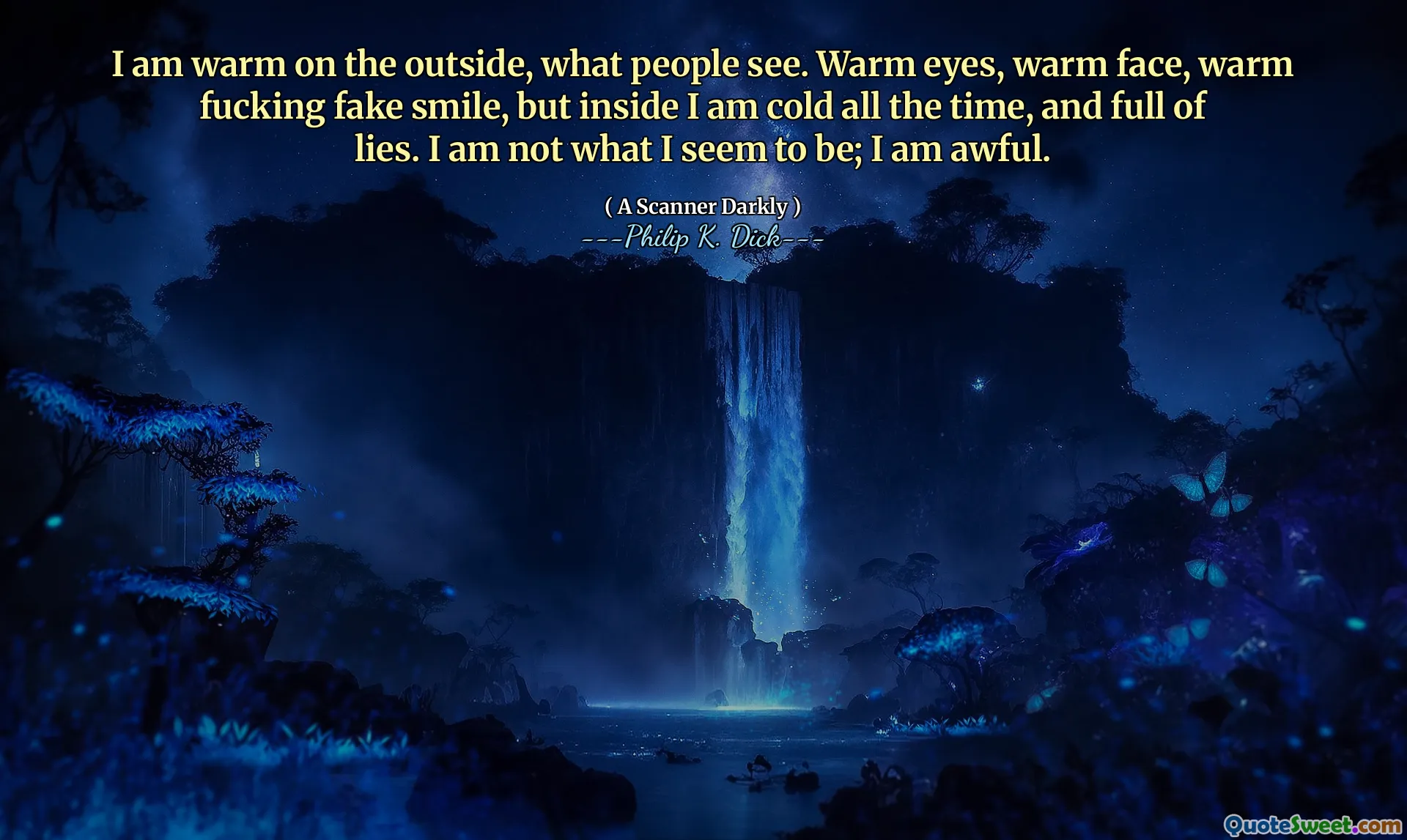 मैं बाहर की तरफ गर्म हूं, लोग क्या देखते हैं। गर्म आँखें, गर्म चेहरा, गर्म कमबख्त नकली मुस्कान, लेकिन अंदर मैं हर समय ठंडा हूं, और झूठ से भरा हुआ हूं। मैं वह नहीं हूं जो मुझे लगता है; मैं भयानक हूं।