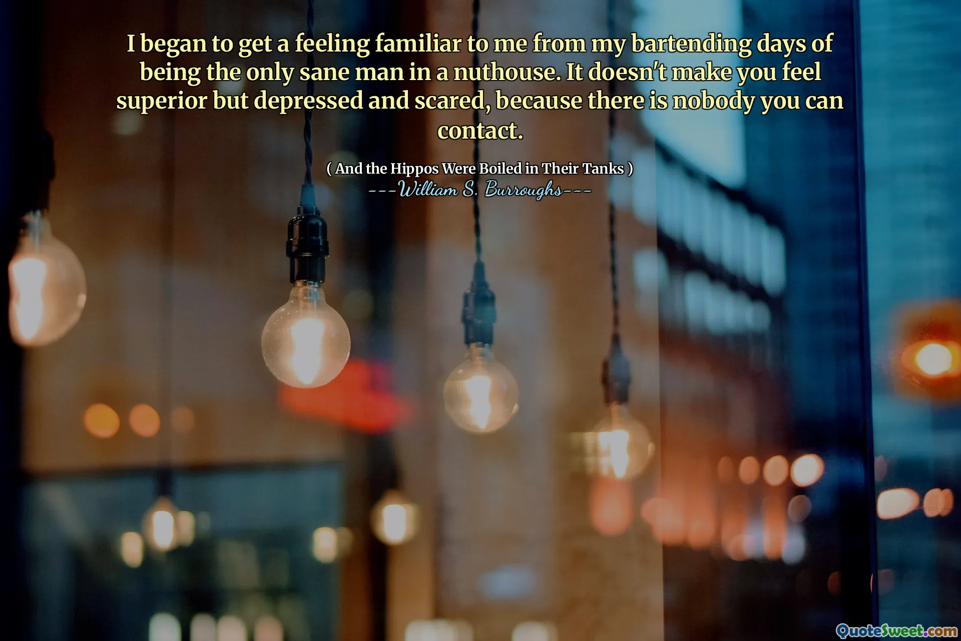 I began to get a feeling familiar to me from my bartending days of being the only sane man in a nuthouse. It doesn't make you feel superior but depressed and scared, because there is nobody you can contact.