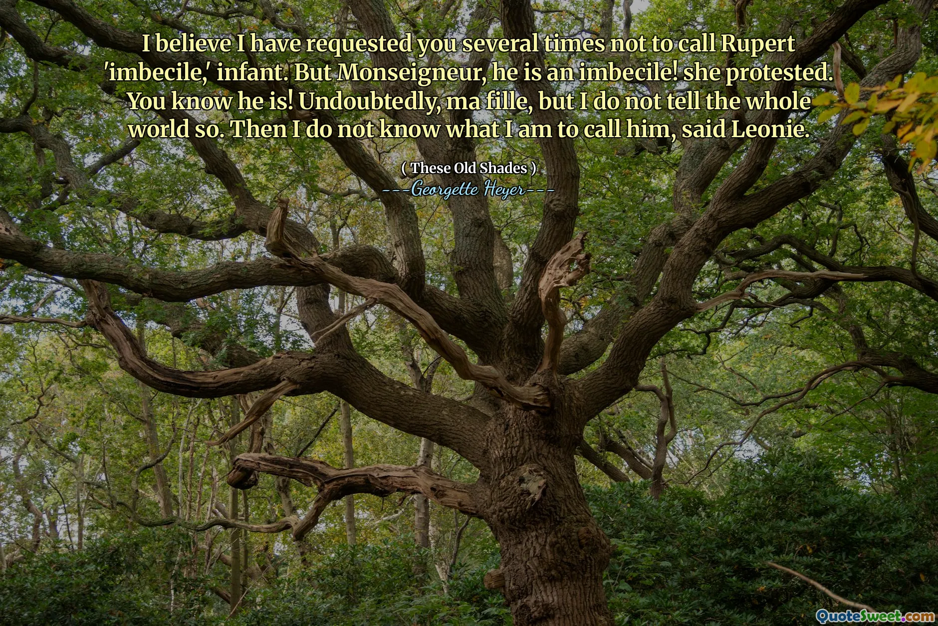 I believe I have requested you several times not to call Rupert 'imbecile,' infant. But Monseigneur, he is an imbecile! she protested. You know he is! Undoubtedly, ma fille, but I do not tell the whole world so. Then I do not know what I am to call him, said Leonie.