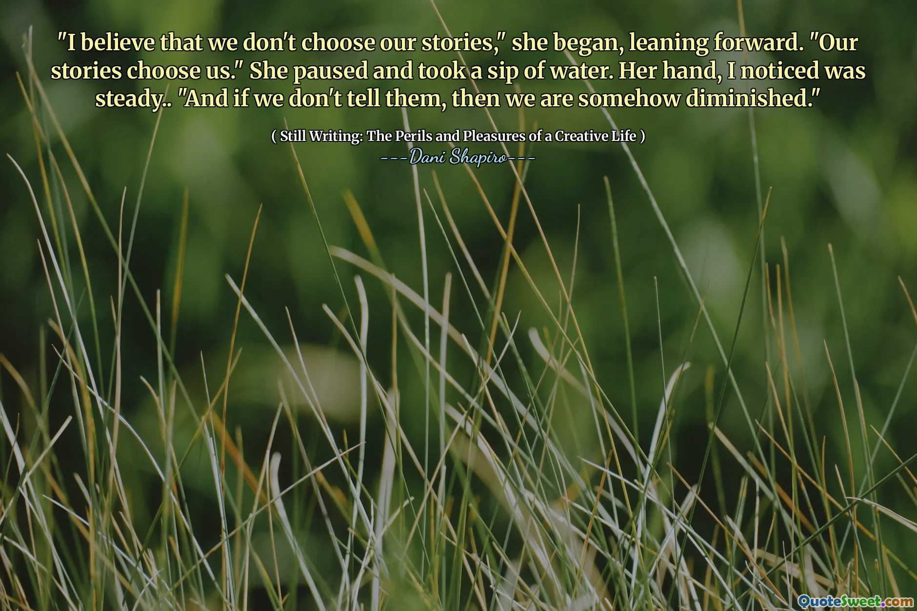 "I believe that we don't choose our stories," she began, leaning forward. "Our stories choose us." She paused and took a sip of water. Her hand, I noticed was steady.. "And if we don't tell them, then we are somehow diminished."