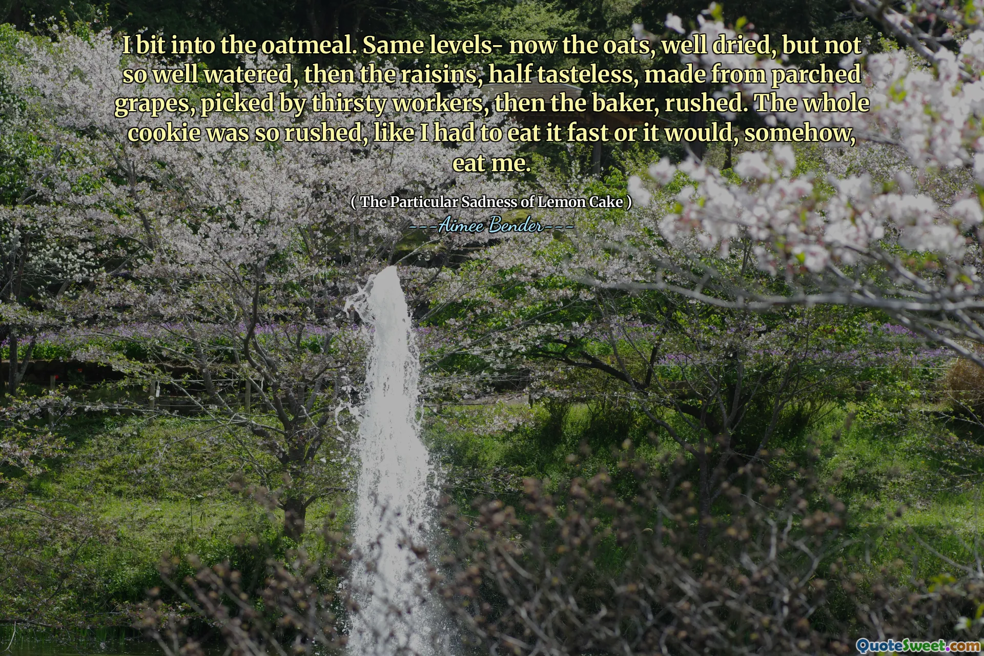 Am mușcat în fulgi de ovăz. Aceleași niveluri- acum ovăzul, bine uscat, dar nu atât de bine udat, apoi stafidele, pe jumătate fără gust, făcute din struguri parcheți, aleși de muncitori însetați, apoi brutarul, s-au grăbit. Întreaga prăjitură a fost atât de grăbită, de parcă a trebuit să -l mănânc repede sau, cumva, mă va mânca.