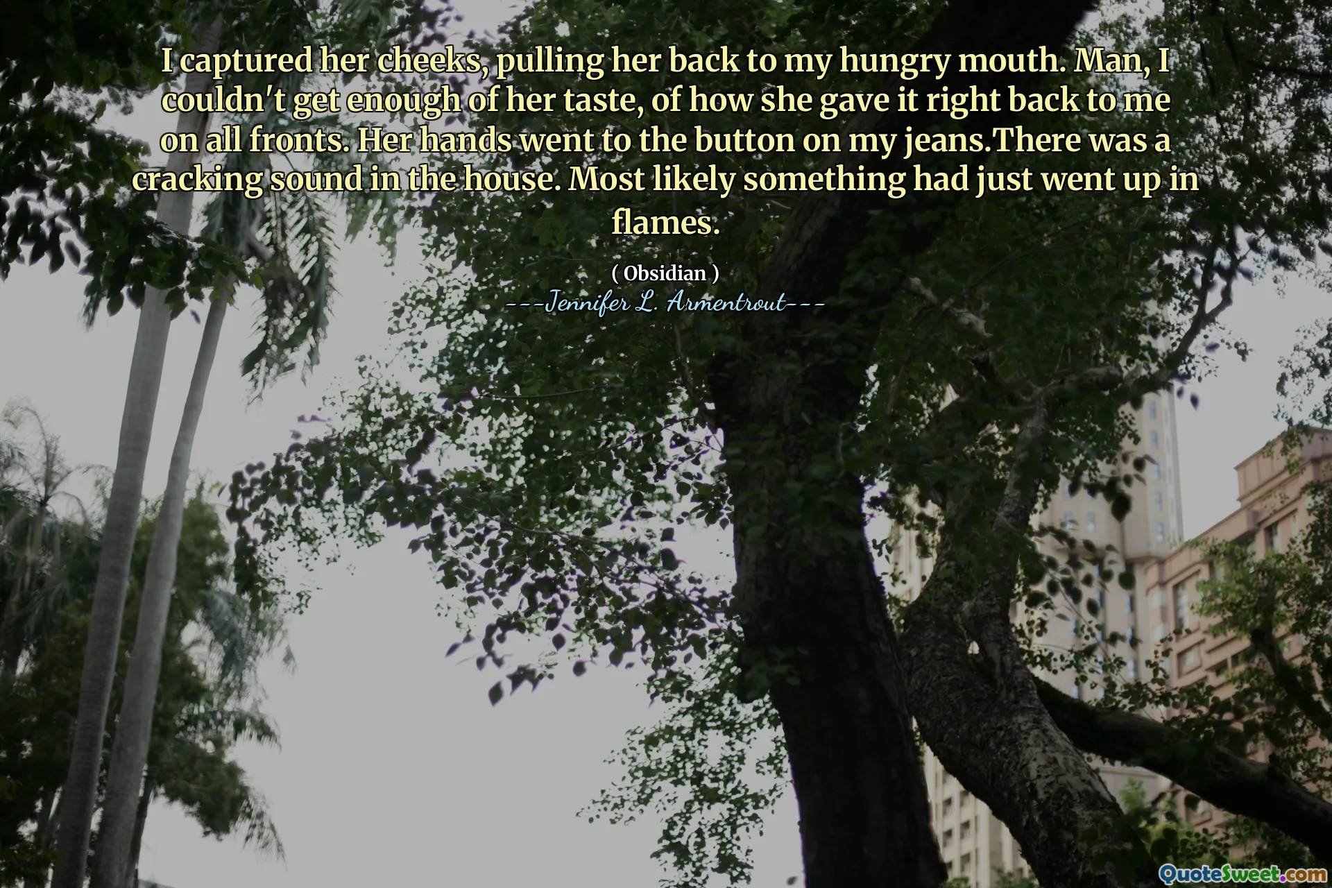 I captured her cheeks, pulling her back to my hungry mouth. Man, I couldn't get enough of her taste, of how she gave it right back to me on all fronts. Her hands went to the button on my jeans.There was a cracking sound in the house. Most likely something had just went up in flames.