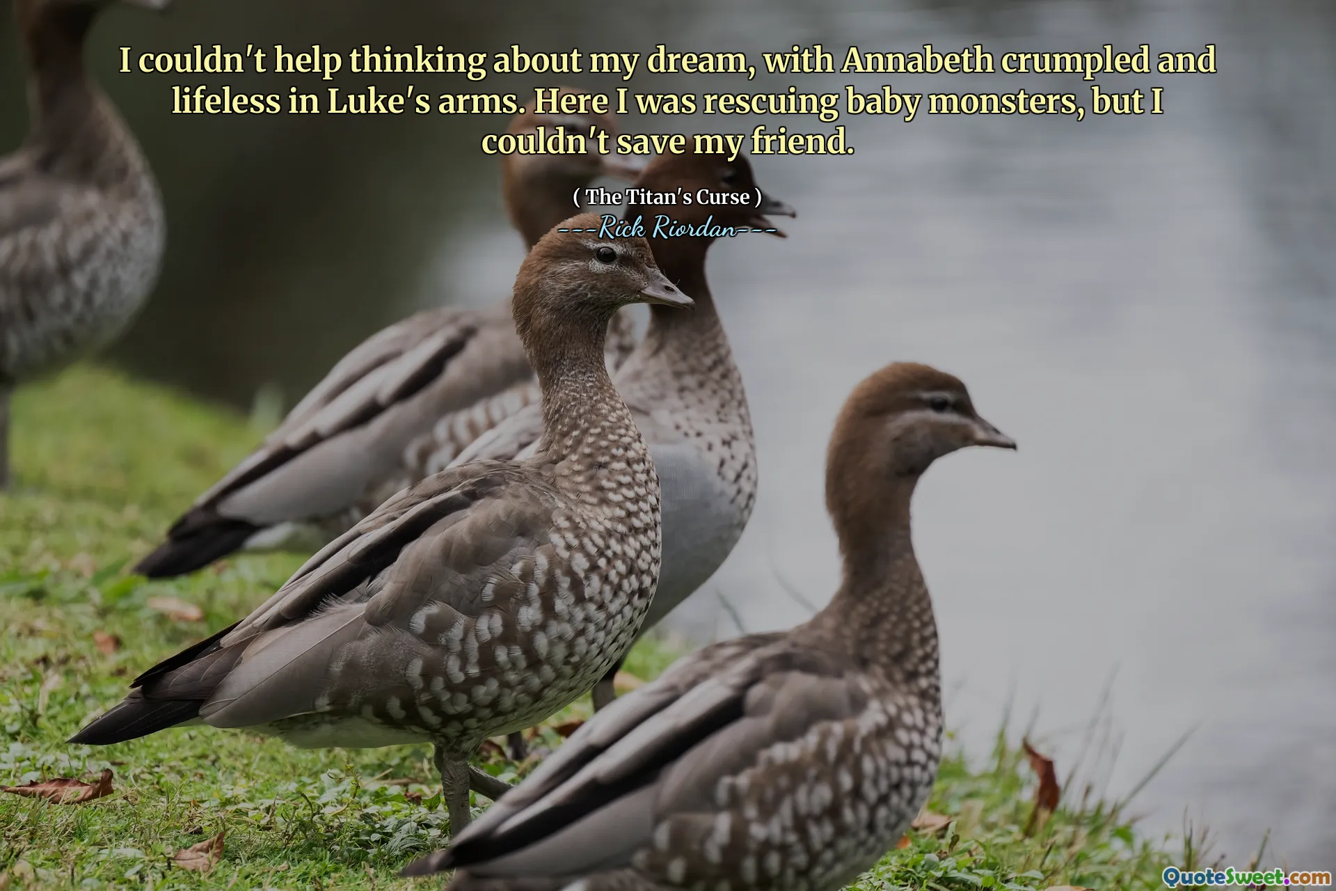 I couldn't help thinking about my dream, with Annabeth crumpled and lifeless in Luke's arms. Here I was rescuing baby monsters, but I couldn't save my friend.