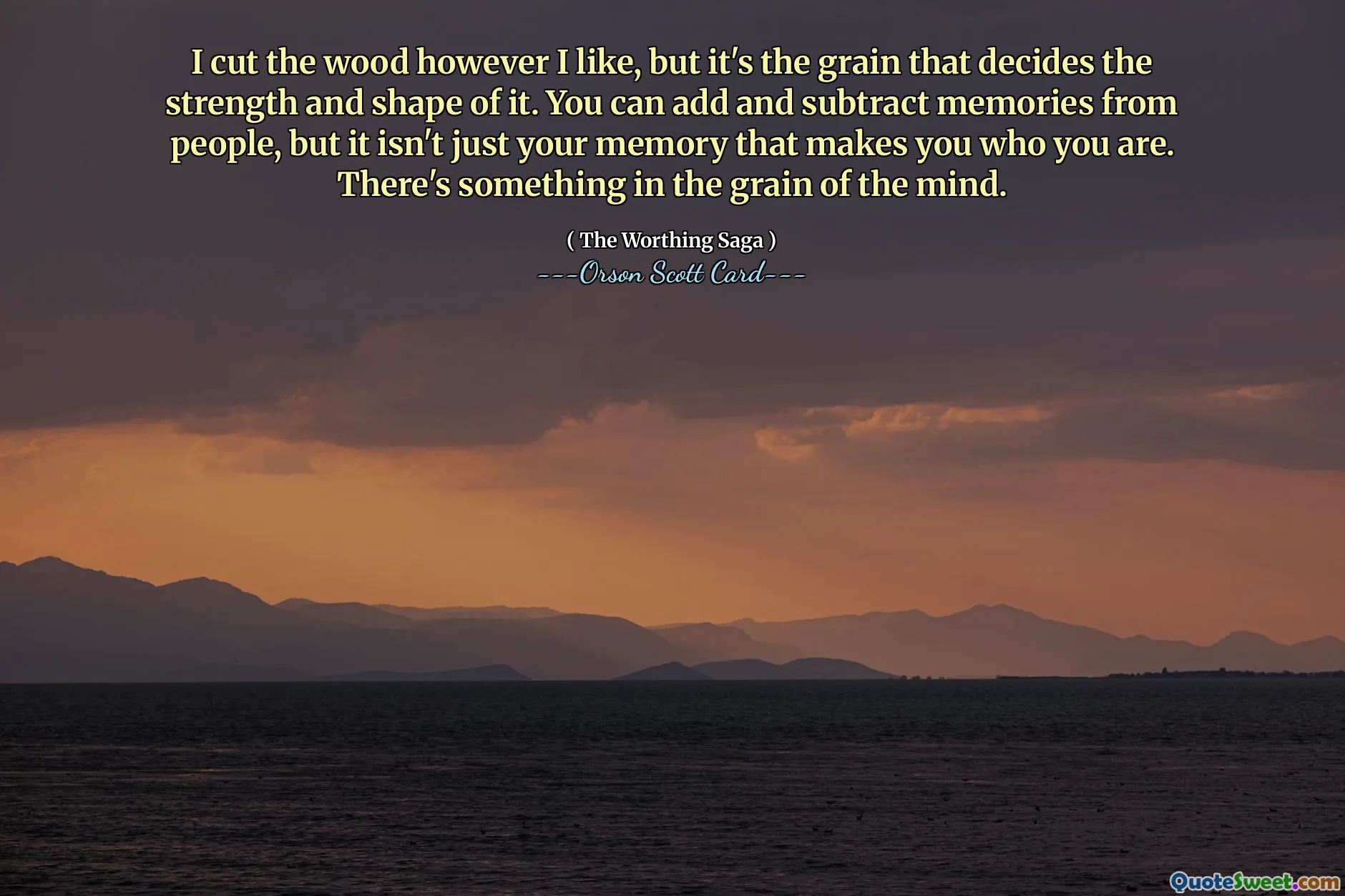 I cut the wood however I like, but it's the grain that decides the strength and shape of it. You can add and subtract memories from people, but it isn't just your memory that makes you who you are. There's something in the grain of the mind.