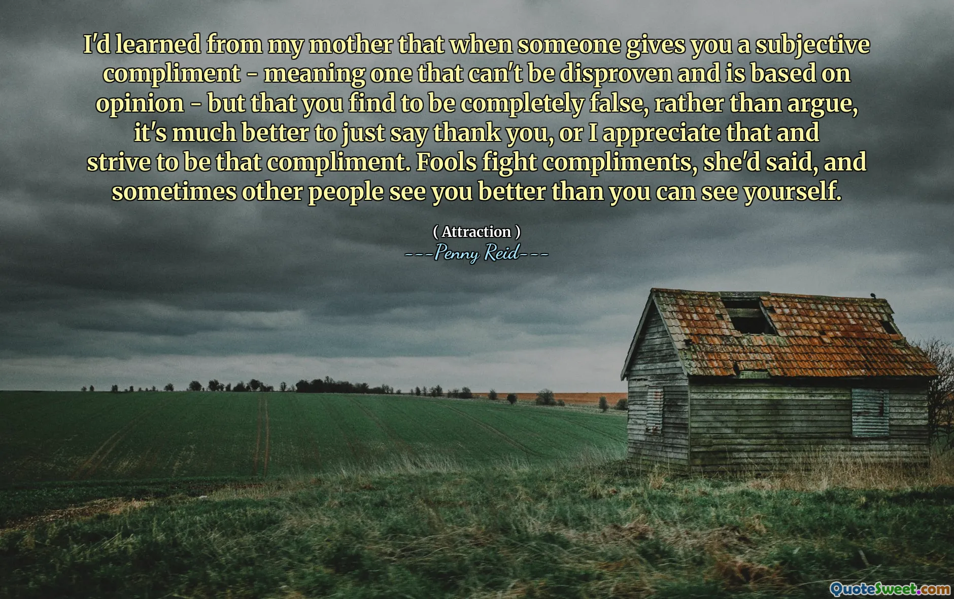 I'd learned from my mother that when someone gives you a subjective compliment - meaning one that can't be disproven and is based on opinion - but that you find to be completely false, rather than argue, it's much better to just say thank you, or I appreciate that and strive to be that compliment. Fools fight compliments, she'd said, and sometimes other people see you better than you can see yourself.