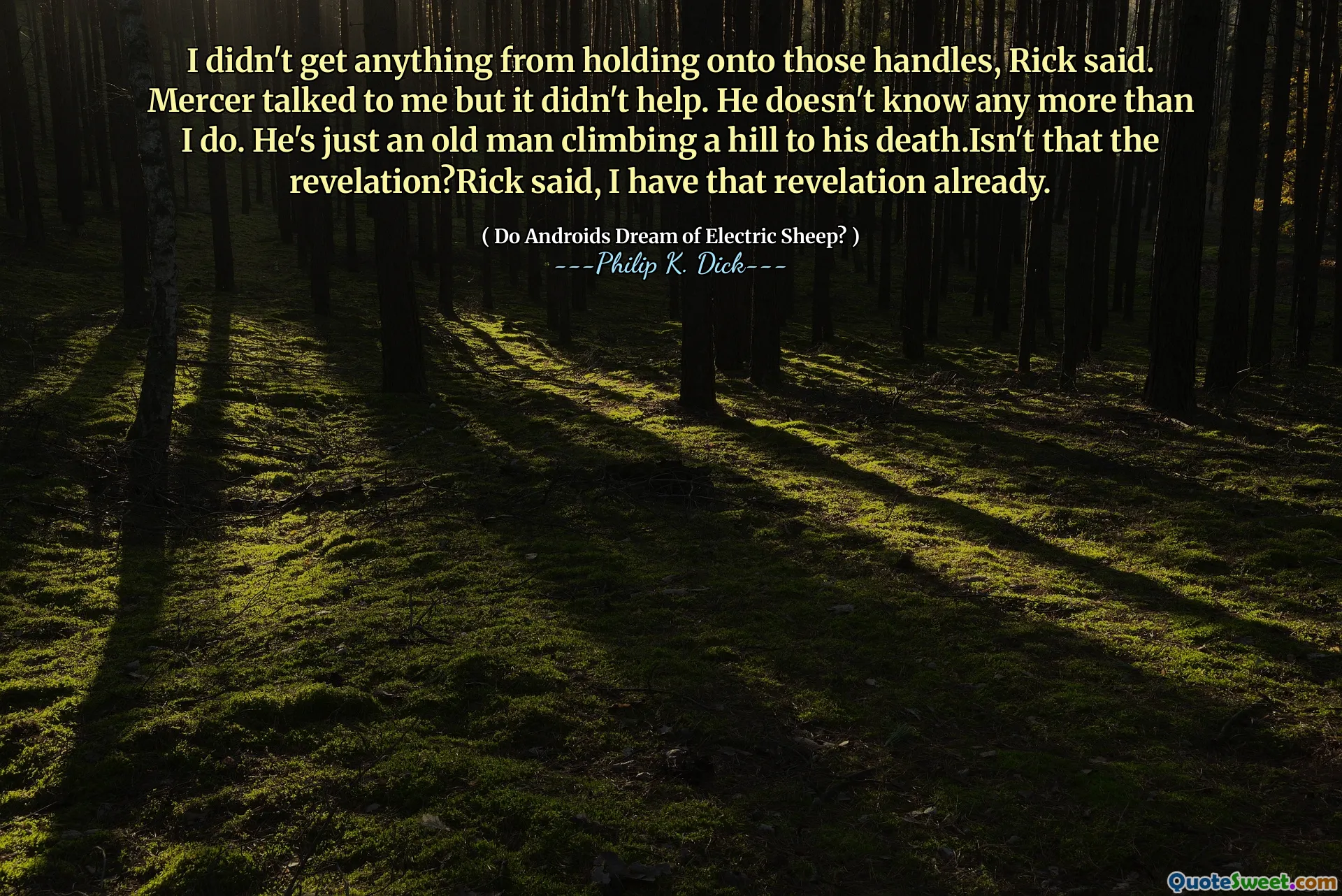 По словам Рика, я ничего не получил от удержания этих ручек. Мерсер поговорил со мной, но это не помогло. Он не знает больше, чем я. Он просто старик, поднимающийся на холм к своей смерти. Разве это откровение? Рик сказал, у меня уже есть это откровение.