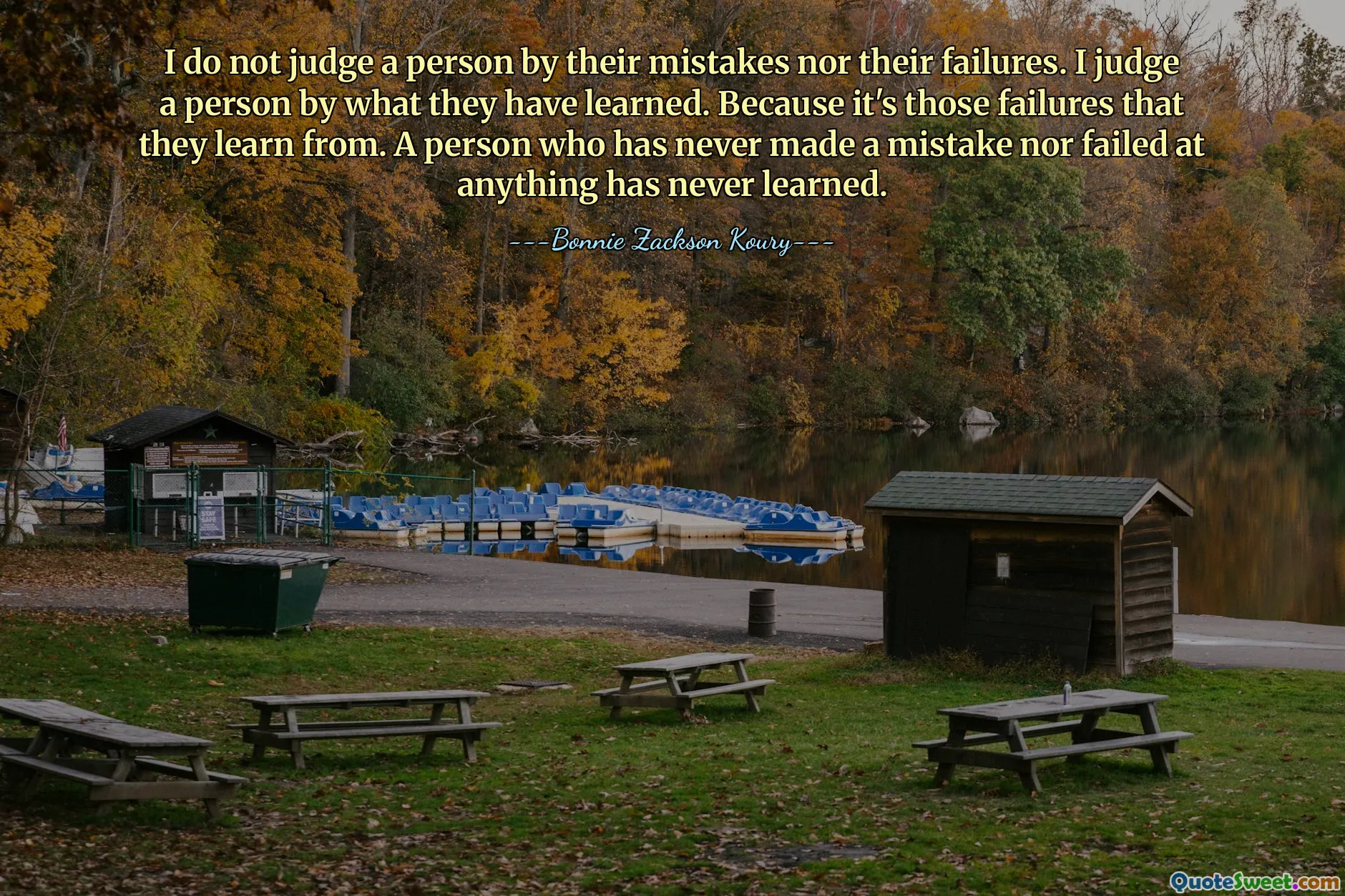 I do not judge a person by their mistakes nor their failures. I judge a person by what they have learned. Because it's those failures that they learn from. A person who has never made a mistake nor failed at anything has never learned.