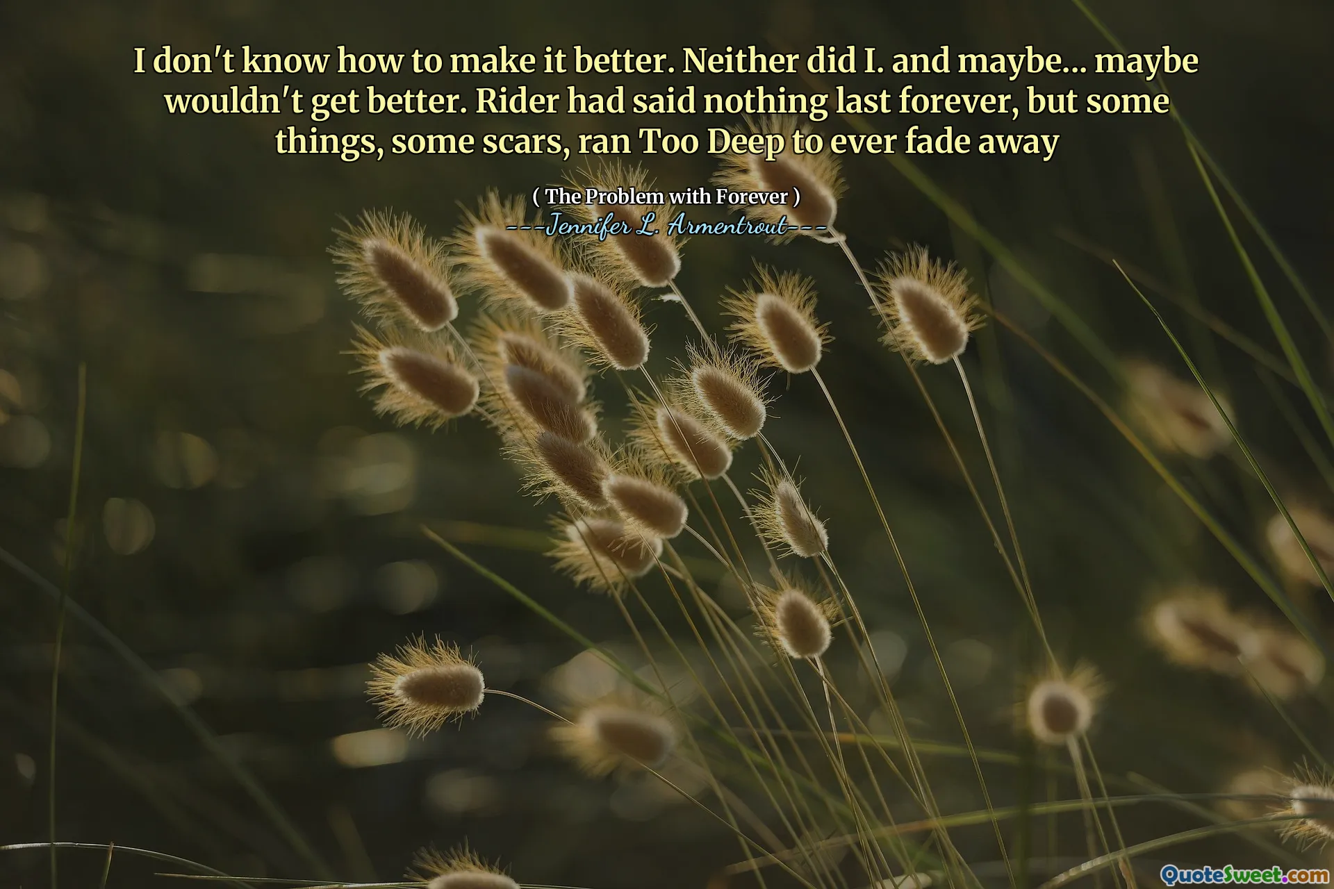 I don't know how to make it better. Neither did I. and maybe... maybe wouldn't get better. Rider had said nothing last forever, but some things, some scars, ran Too Deep to ever fade away