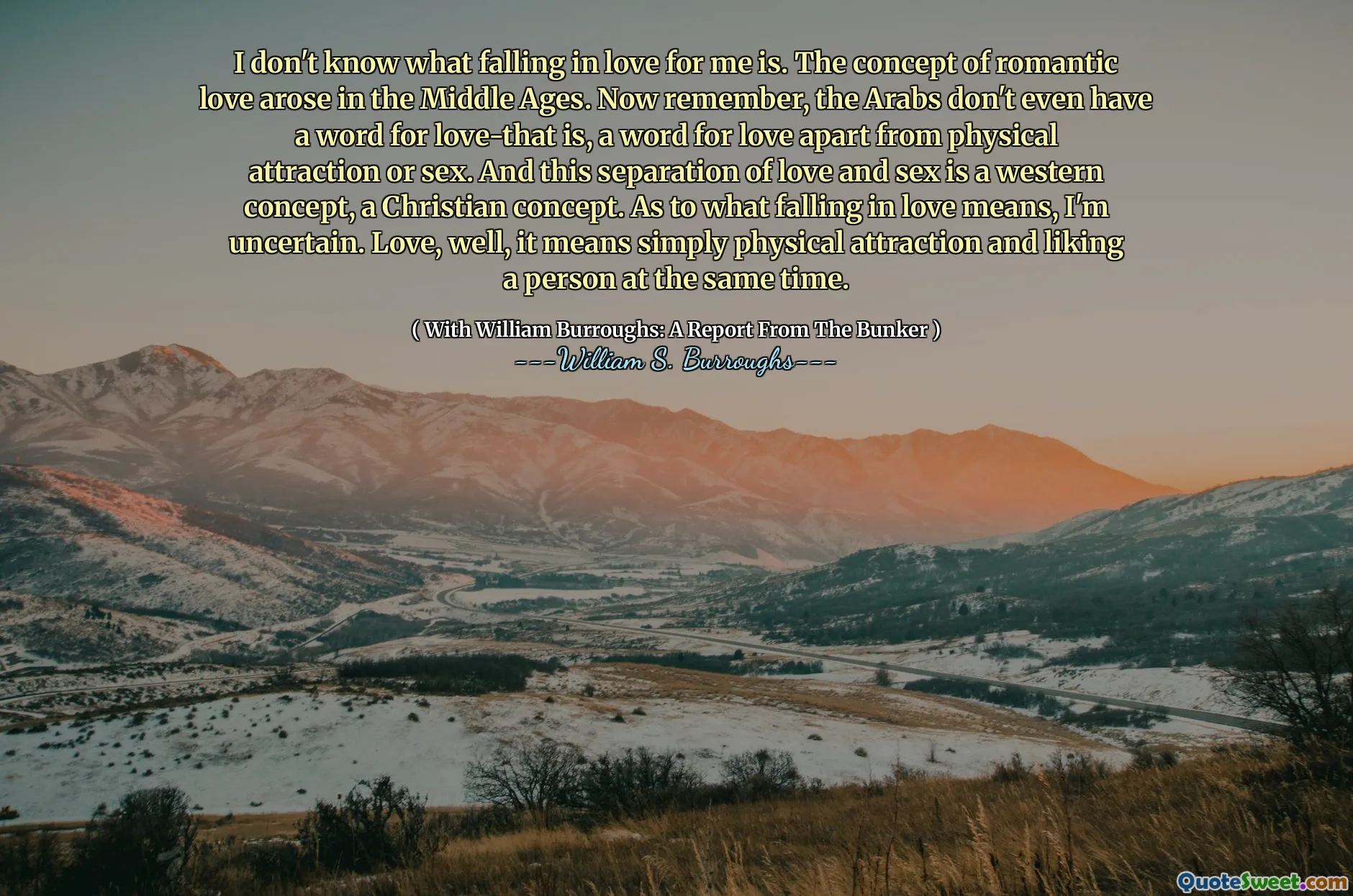 我不知道坠入爱河是什么。中世纪出现了浪漫爱情的概念。现在请记住，阿拉伯人甚至没有一个爱的话，也就是说，除了身体上的吸引力或性爱之外，爱的词。爱与性别的这种分离是一个西方概念，是基督教的概念。至于坠入爱河的含义，我不确定。爱，好吧，这意味着同时简单地吸引人，并喜欢一个人。