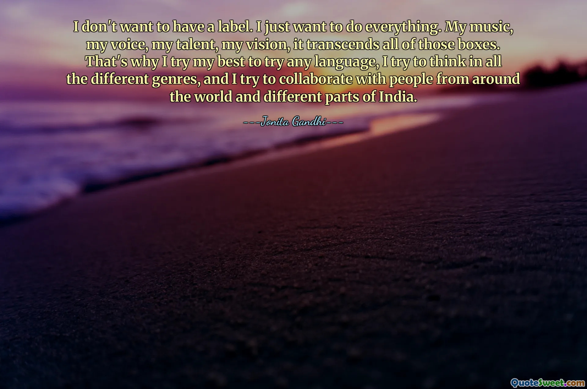 I don't want to have a label. I just want to do everything. My music, my voice, my talent, my vision, it transcends all of those boxes. That's why I try my best to try any language, I try to think in all the different genres, and I try to collaborate with people from around the world and different parts of India.