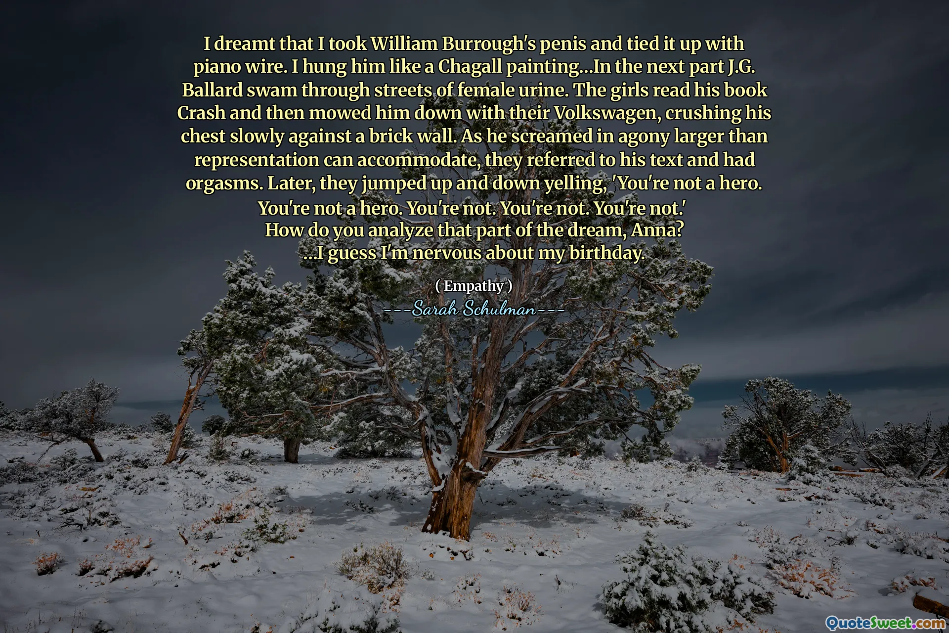 I dreamt that I took William Burrough's penis and tied it up with piano wire. I hung him like a Chagall painting…In the next part J.G. Ballard swam through streets of female urine. The girls read his book Crash and then mowed him down with their Volkswagen, crushing his chest slowly against a brick wall. As he screamed in agony larger than representation can accommodate, they referred to his text and had orgasms. Later, they jumped up and down yelling, 'You're not a hero. You're not a hero. You're not. You're not. You're not.' 
How do you analyze that part of the dream, Anna?
…I guess I'm nervous about my birthday.