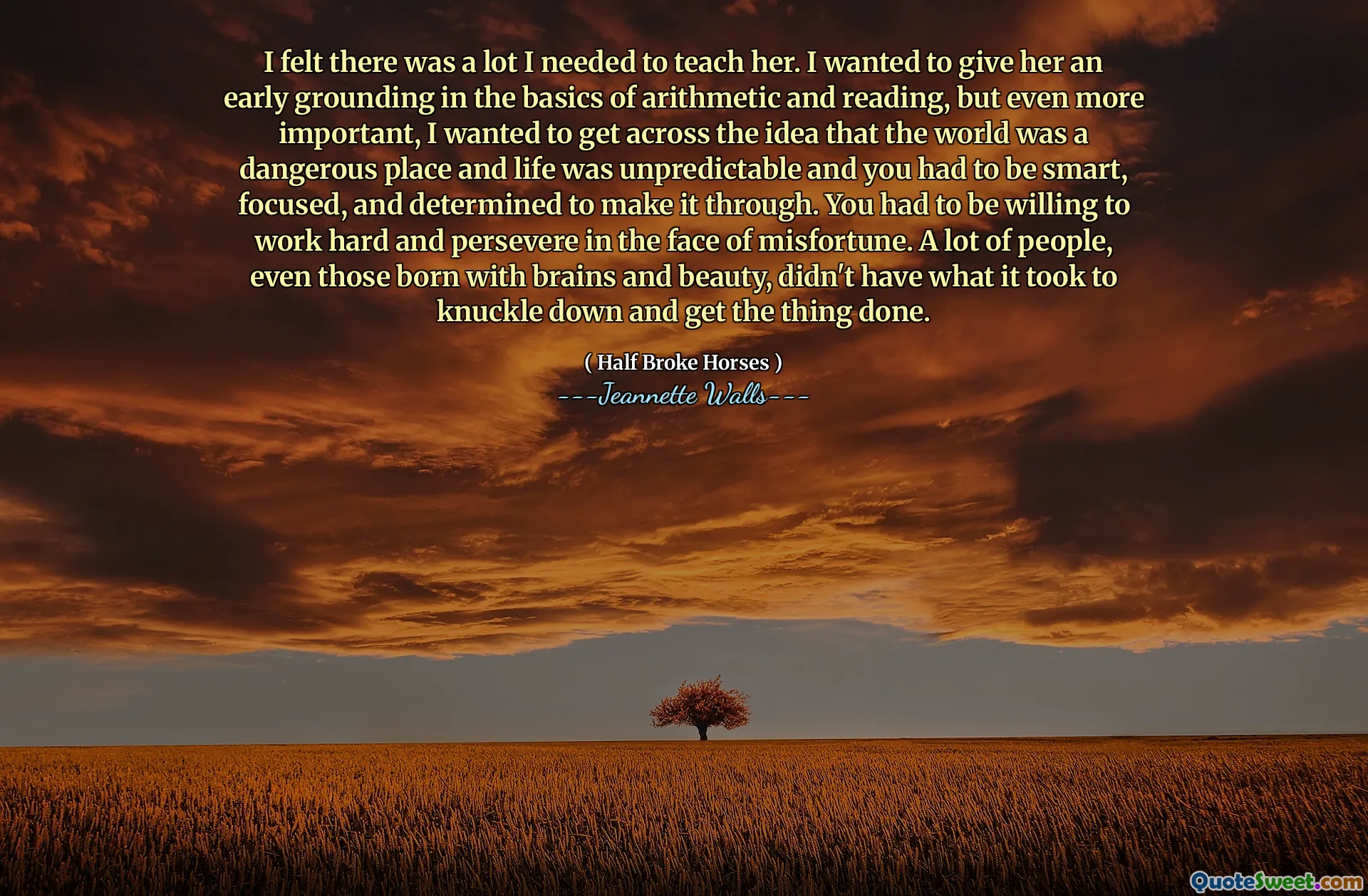I felt there was a lot I needed to teach her. I wanted to give her an early grounding in the basics of arithmetic and reading, but even more important, I wanted to get across the idea that the world was a dangerous place and life was unpredictable and you had to be smart, focused, and determined to make it through. You had to be willing to work hard and persevere in the face of misfortune. A lot of people, even those born with brains and beauty, didn't have what it took to knuckle down and get the thing done.