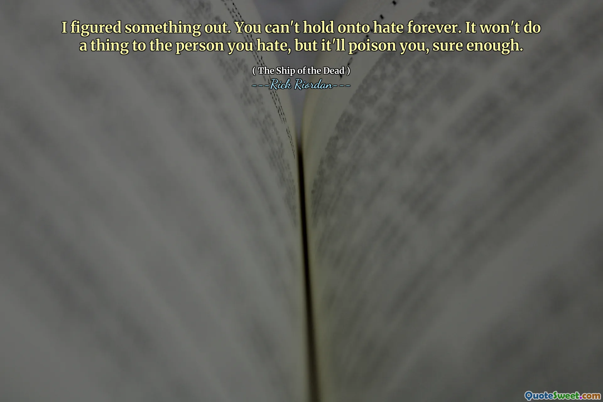 I figured something out. You can't hold onto hate forever. It won't do a thing to the person you hate, but it'll poison you, sure enough.