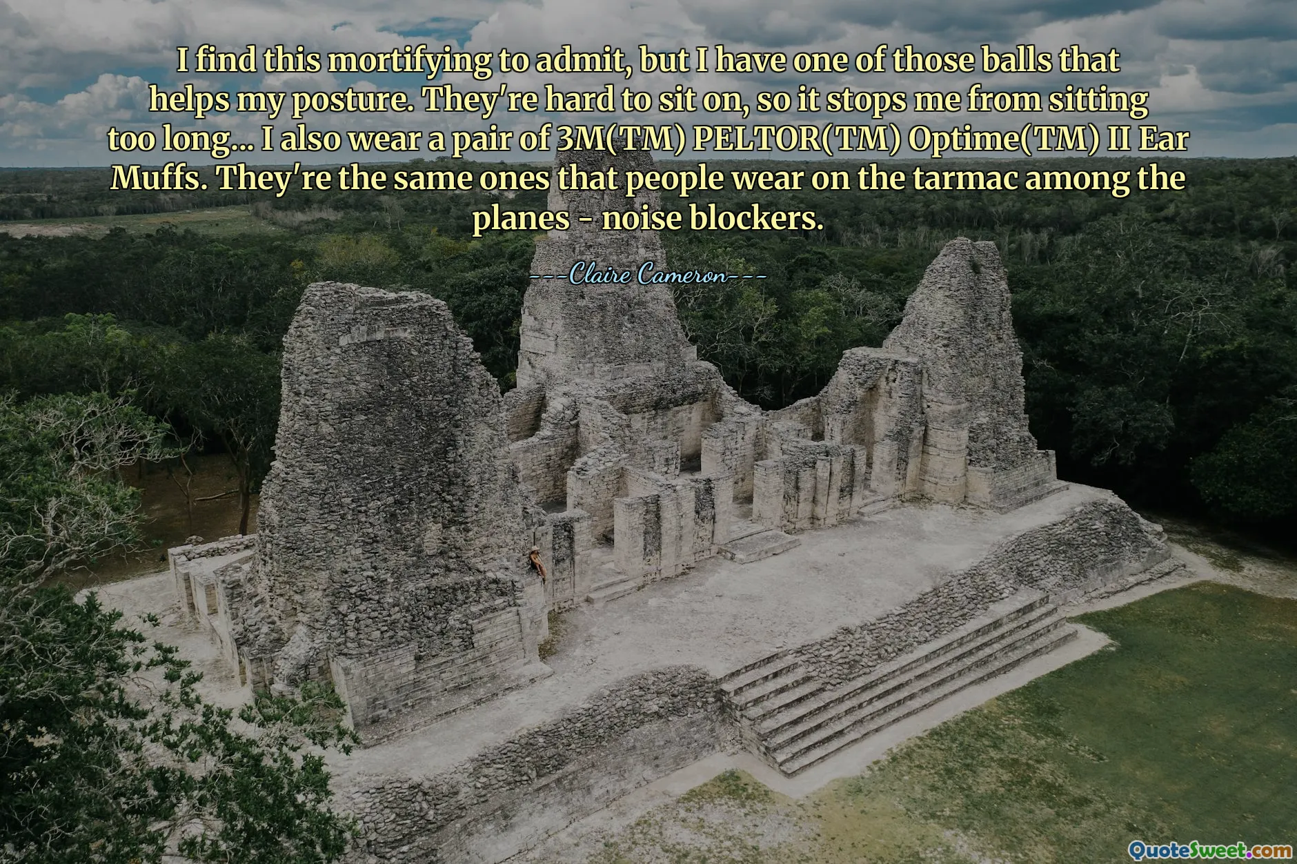 I find this mortifying to admit, but I have one of those balls that helps my posture. They're hard to sit on, so it stops me from sitting too long... I also wear a pair of 3M(TM) PELTOR(TM) Optime(TM) II Ear Muffs. They're the same ones that people wear on the tarmac among the planes - noise blockers.