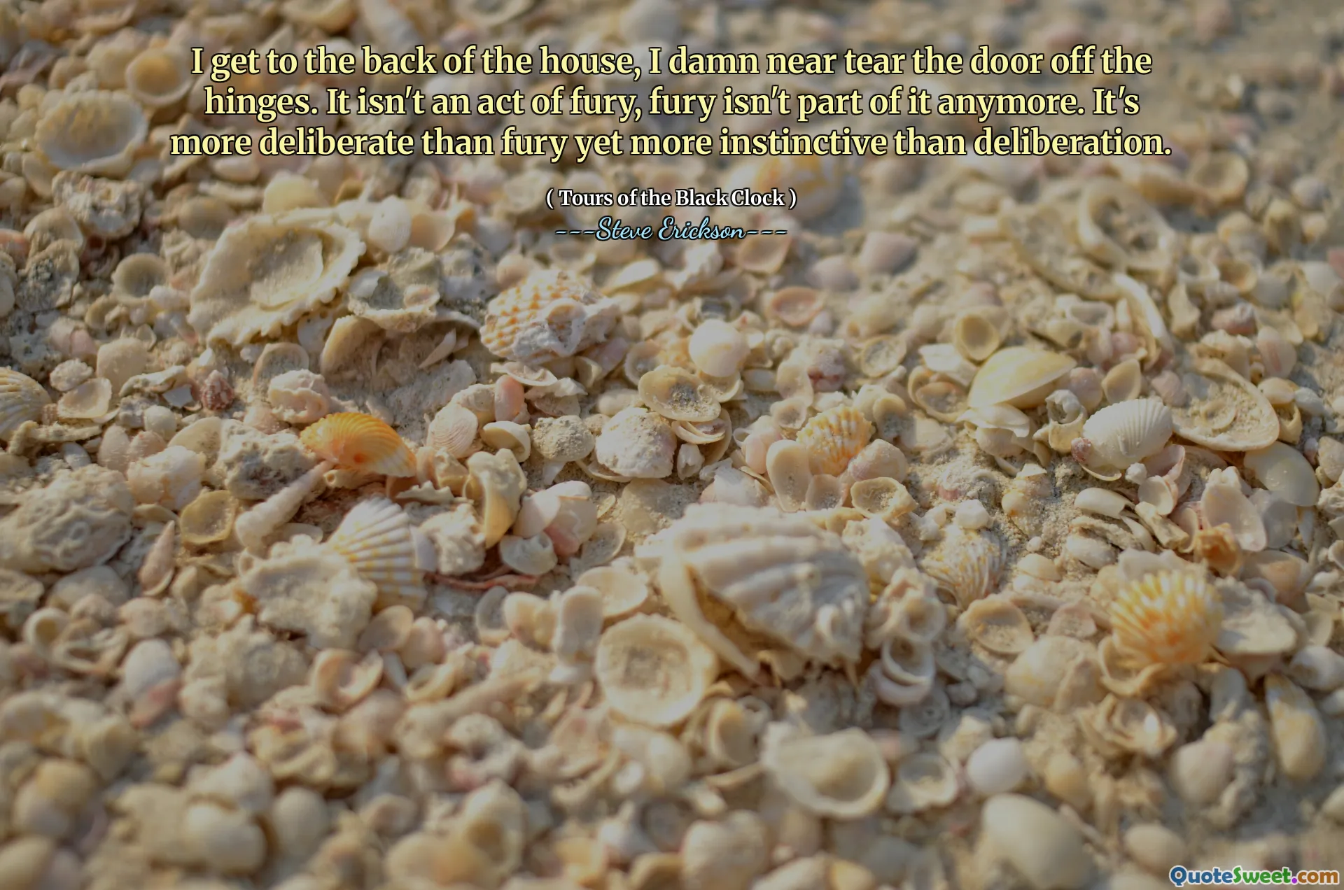 Tôi đi về phía sau ngôi nhà, tôi gần như xé cánh cửa ra khỏi bản lề. Đó không phải là một hành động giận dữ, giận dữ không còn là một phần của nó nữa. Nó có chủ ý hơn giận dữ nhưng bản năng hơn là sự cân nhắc.