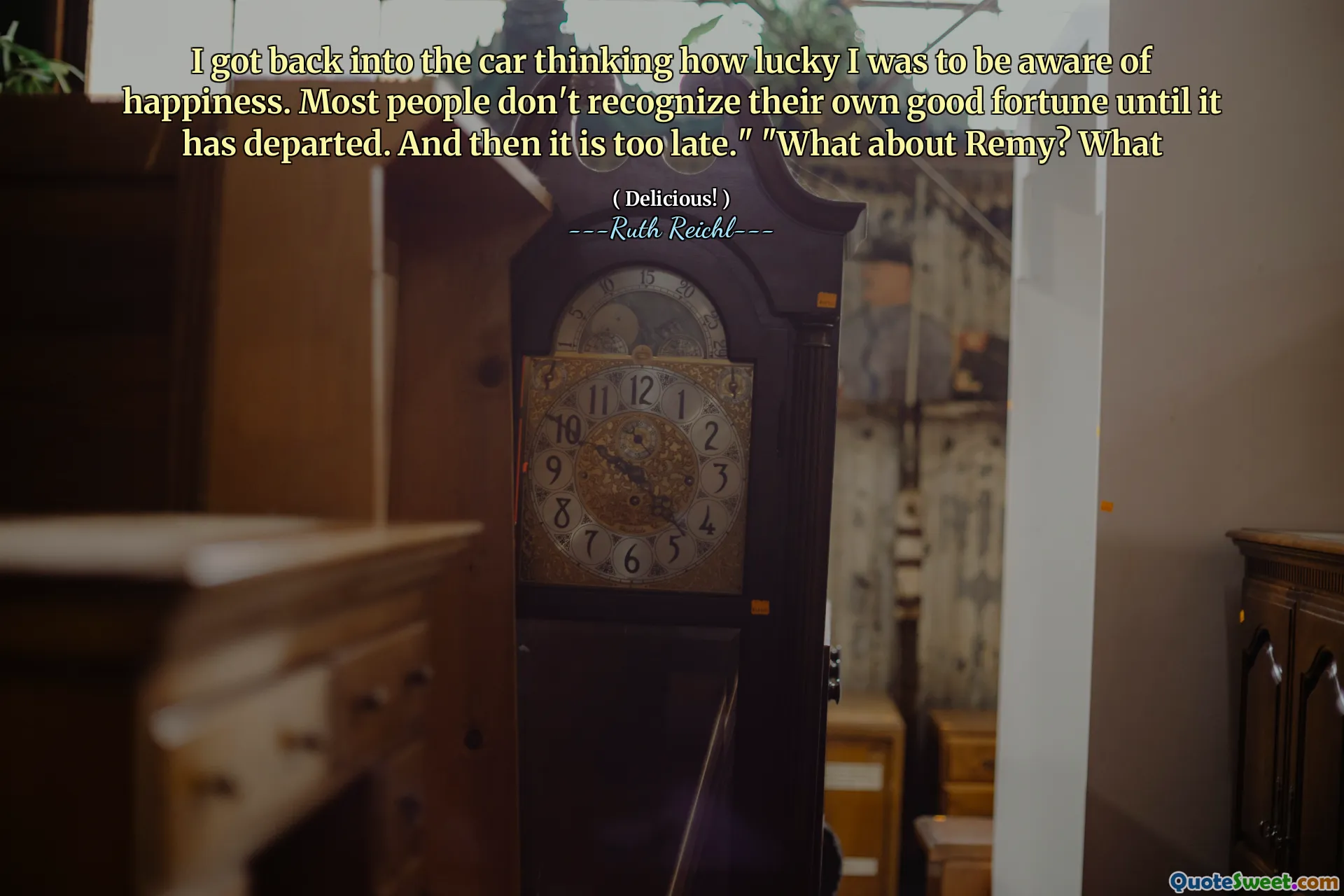 I got back into the car thinking how lucky I was to be aware of happiness. Most people don't recognize their own good fortune until it has departed. And then it is too late." "What about Remy? What