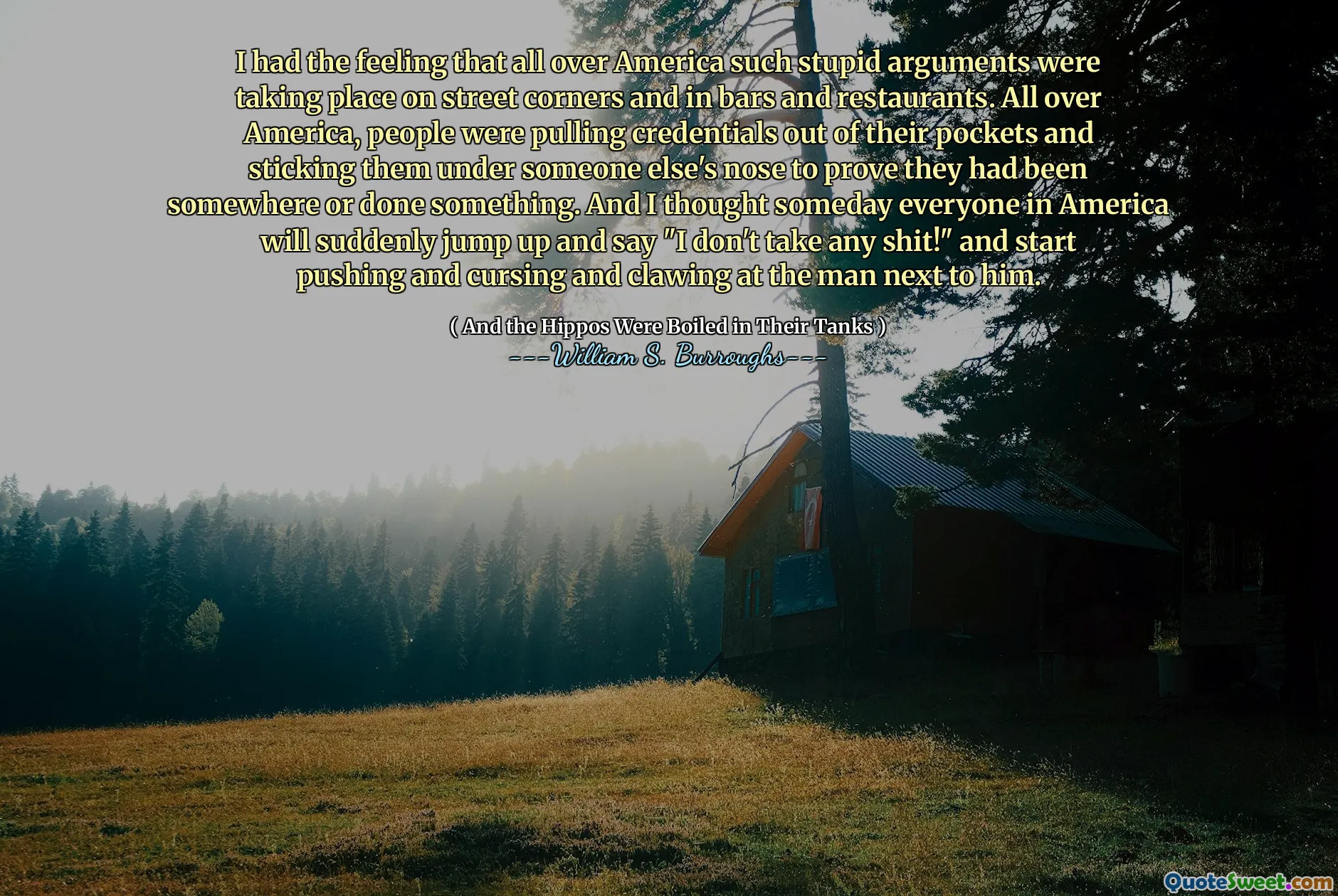 Tôi có cảm giác rằng khắp nước Mỹ, những cuộc tranh luận ngu ngốc như vậy đang diễn ra trên các góc phố và trong các quán bar và nhà hàng. Trên khắp nước Mỹ, mọi người đã rút thông tin ra khỏi túi của họ và dán chúng dưới mũi người khác để chứng minh rằng họ đã ở đâu đó hoặc làm điều gì đó. Và tôi nghĩ một ngày nào đó mọi người ở Mỹ sẽ đột nhiên nhảy lên và nói "Tôi không nhận bất kỳ điều gì!" và bắt đầu đẩy và chửi rủa và vuốt vào người đàn ông bên cạnh.