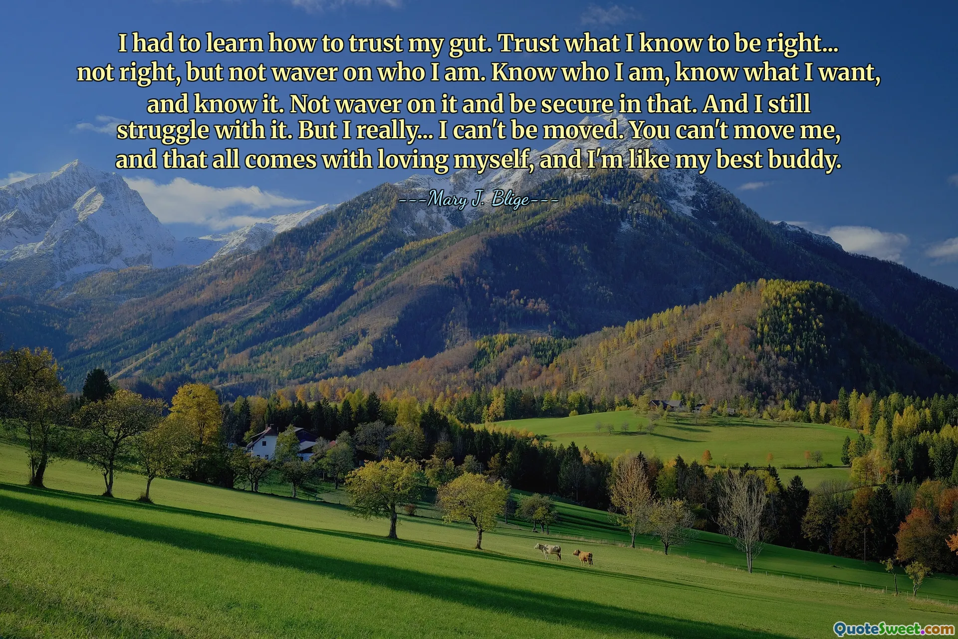 我必须学会如何相信自己的直觉。相信我所知道的正确的……不正确的，但不要动摇我是谁。知道我是谁，知道我想要什么，并且知道它。不要动摇并对此保持安全。我仍然在挣扎。但我真的……我无法感动。你无法感动我，而这一切都来自于爱自己，我就像我最好的朋友。