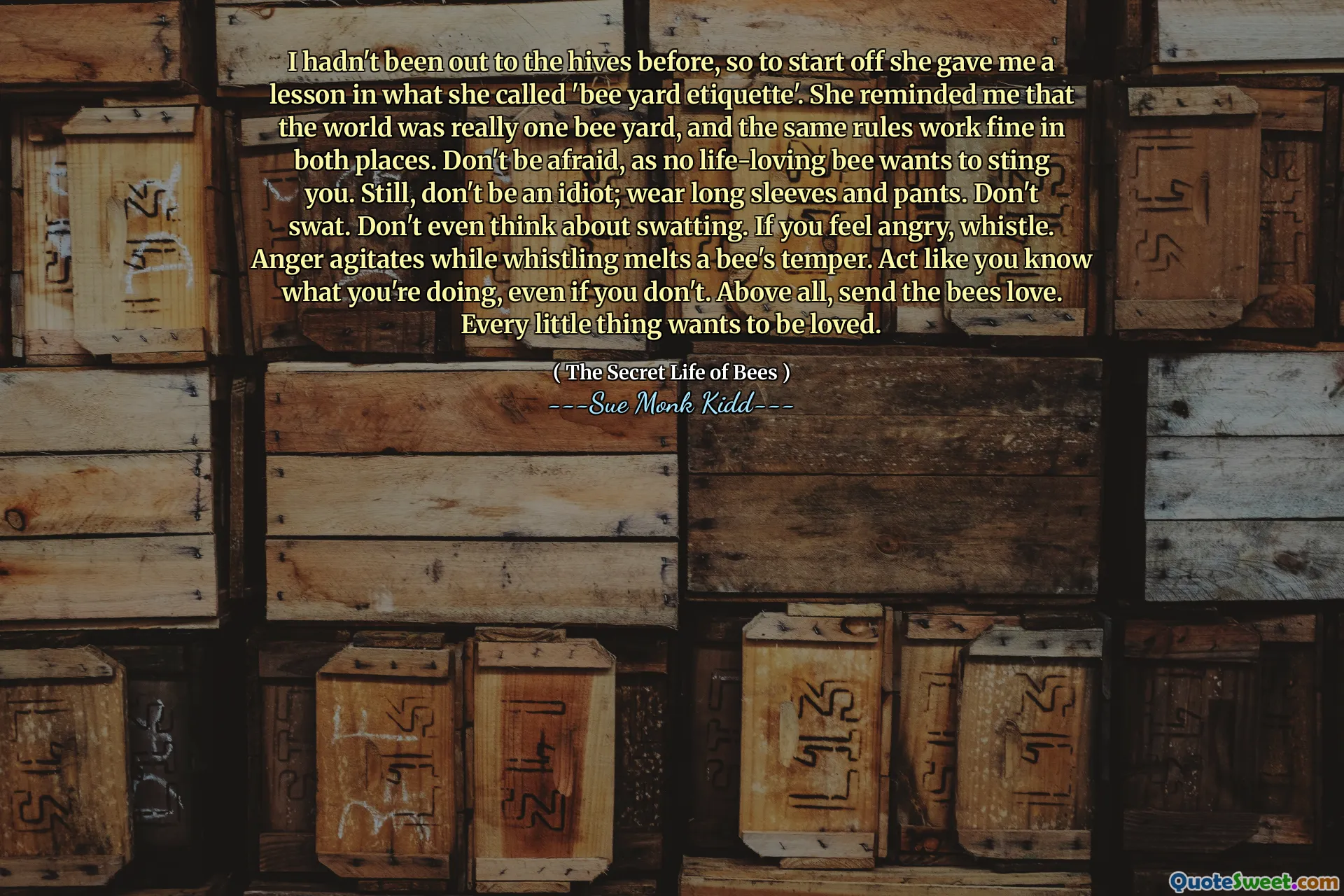 I hadn't been out to the hives before, so to start off she gave me a lesson in what she called 'bee yard etiquette'. She reminded me that the world was really one bee yard, and the same rules work fine in both places. Don't be afraid, as no life-loving bee wants to sting you. Still, don't be an idiot; wear long sleeves and pants. Don't swat. Don't even think about swatting. If you feel angry, whistle. Anger agitates while whistling melts a bee's temper. Act like you know what you're doing, even if you don't. Above all, send the bees love. Every little thing wants to be loved.