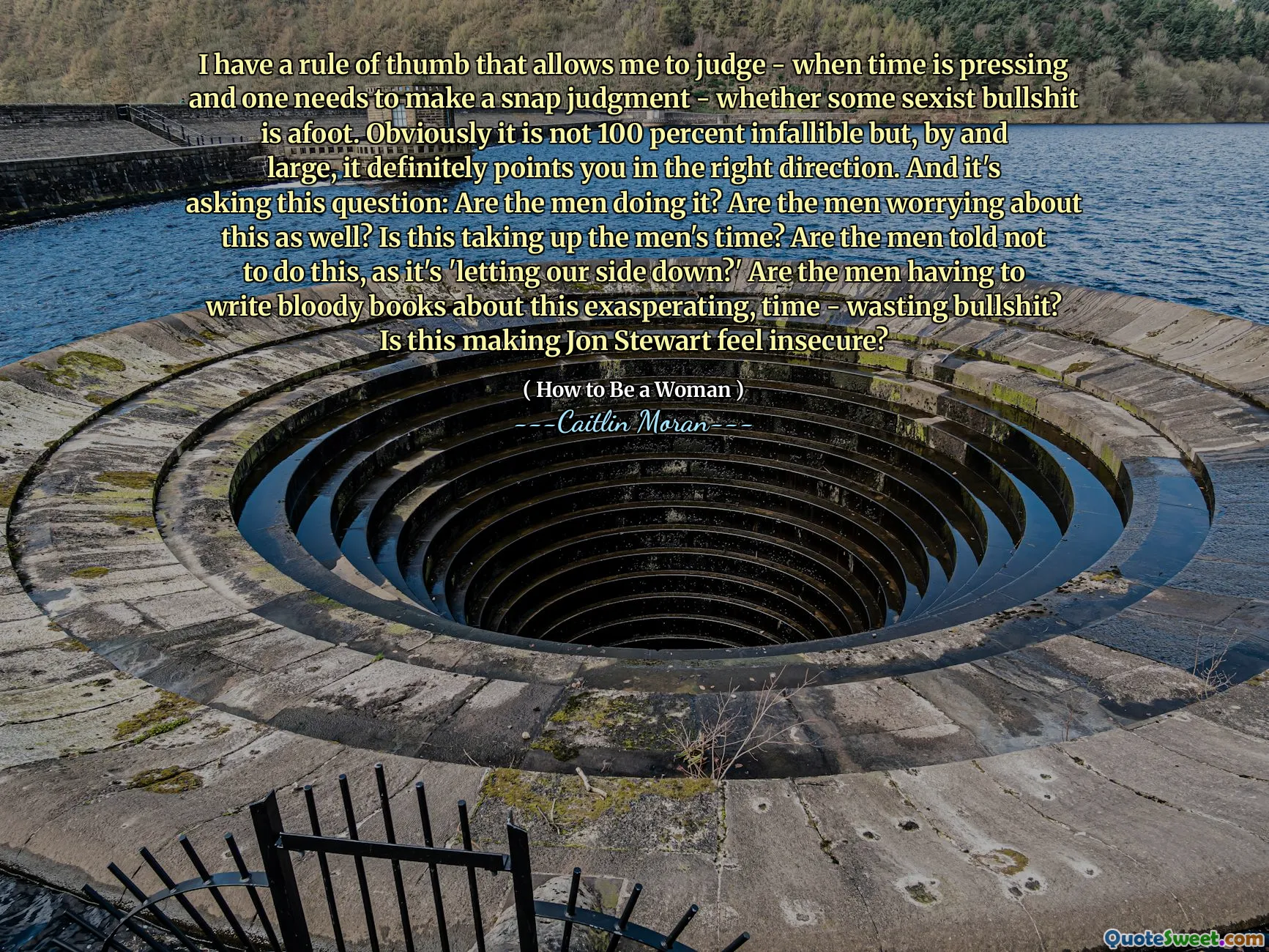 I have a rule of thumb that allows me to judge - when time is pressing and one needs to make a snap judgment - whether some sexist bullshit is afoot. Obviously it is not 100 percent infallible but, by and large, it definitely points you in the right direction. And it's asking this question: Are the men doing it? Are the men worrying about this as well? Is this taking up the men's time? Are the men told not to do this, as it's 'letting our side down?' Are the men having to write bloody books about this exasperating, time - wasting bullshit? Is this making Jon Stewart feel insecure?