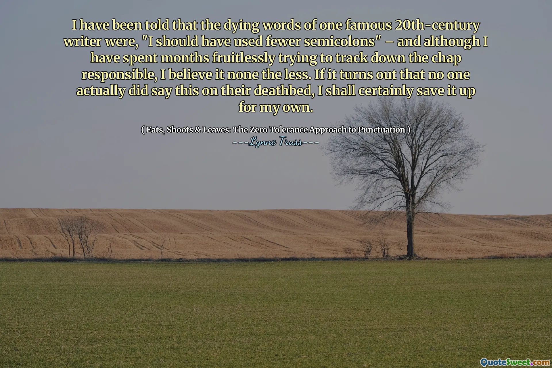 I have been told that the dying words of one famous 20th-century writer were, "I should have used fewer semicolons" – and although I have spent months fruitlessly trying to track down the chap responsible, I believe it none the less. If it turns out that no one actually did say this on their deathbed, I shall certainly save it up for my own.