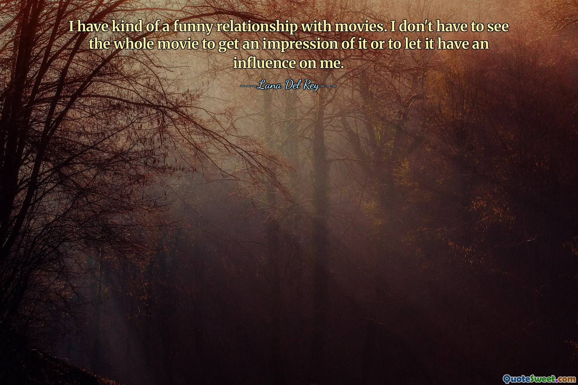 I have kind of a funny relationship with movies. I don't have to see the whole movie to get an impression of it or to let it have an influence on me.