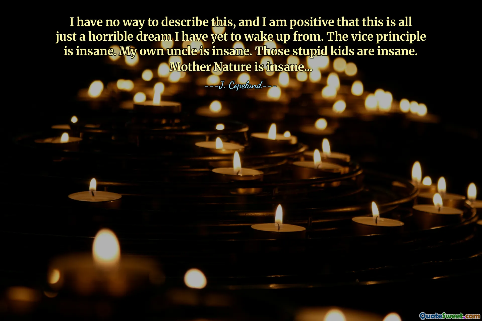 I have no way to describe this, and I am positive that this is all just a horrible dream I have yet to wake up from. The vice principle is insane. My own uncle is insane. Those stupid kids are insane. Mother Nature is insane...