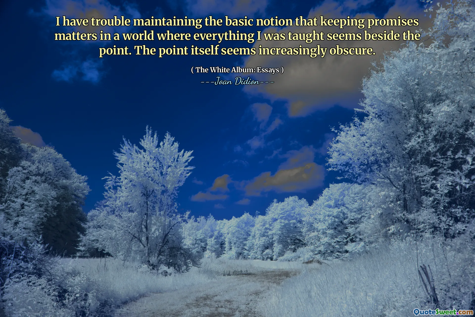 Jeg har problemer med å opprettholde den grunnleggende forestillingen om at det å holde lover saker i en verden der alt jeg ble lært virker ved siden av poenget. Poenget i seg selv virker stadig mer uklar.