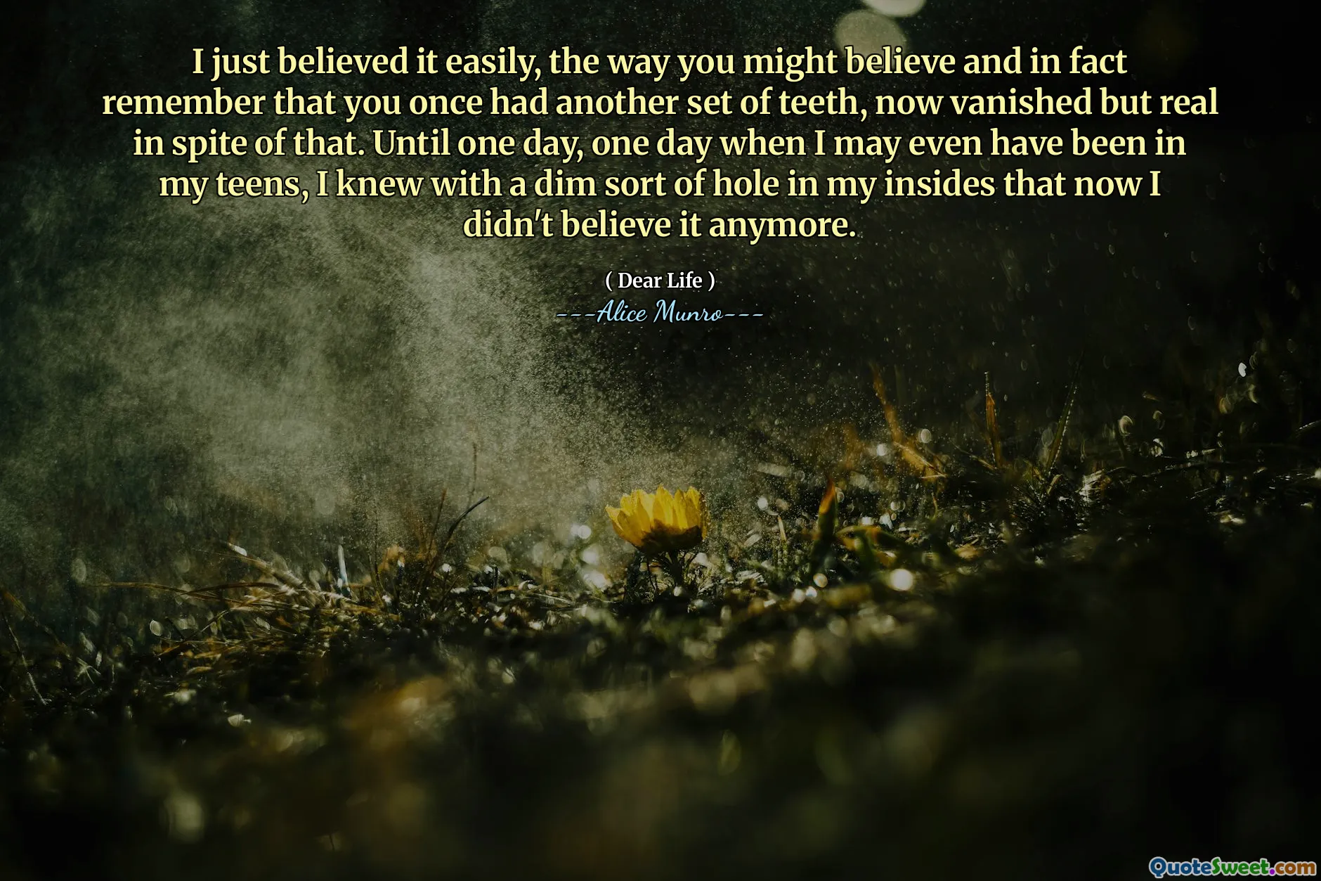 I just believed it easily, the way you might believe and in fact remember that you once had another set of teeth, now vanished but real in spite of that. Until one day, one day when I may even have been in my teens, I knew with a dim sort of hole in my insides that now I didn't believe it anymore.