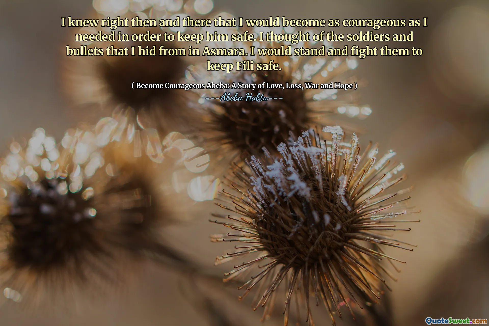 I knew right then and there that I would become as courageous as I needed in order to keep him safe. I thought of the soldiers and bullets that I hid from in Asmara. I would stand and fight them to keep Fili safe.