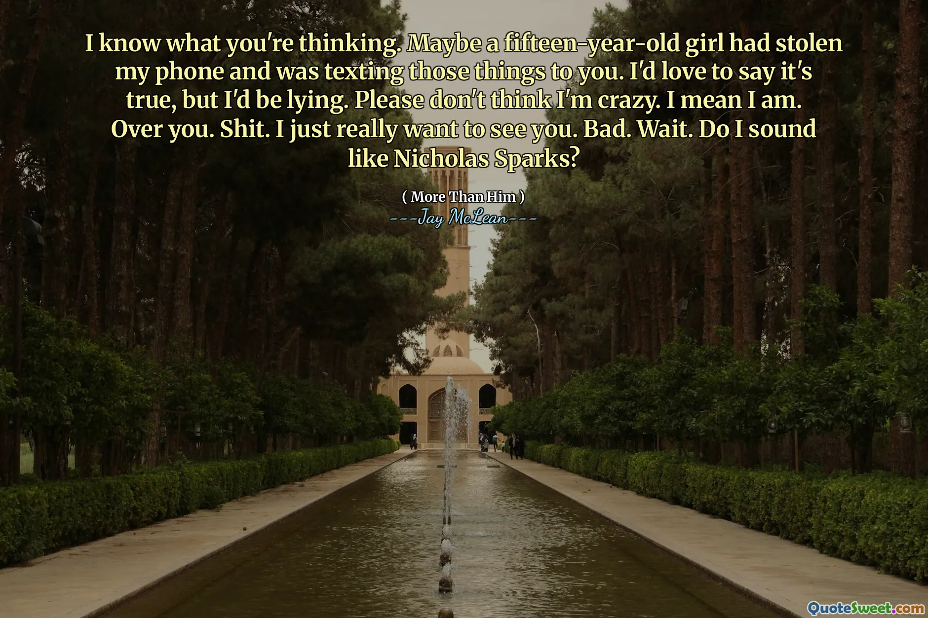 I know what you're thinking. Maybe a fifteen-year-old girl had stolen my phone and was texting those things to you. I'd love to say it's true, but I'd be lying. Please don't think I'm crazy. I mean I am. Over you. Shit. I just really want to see you. Bad. Wait. Do I sound like Nicholas Sparks?