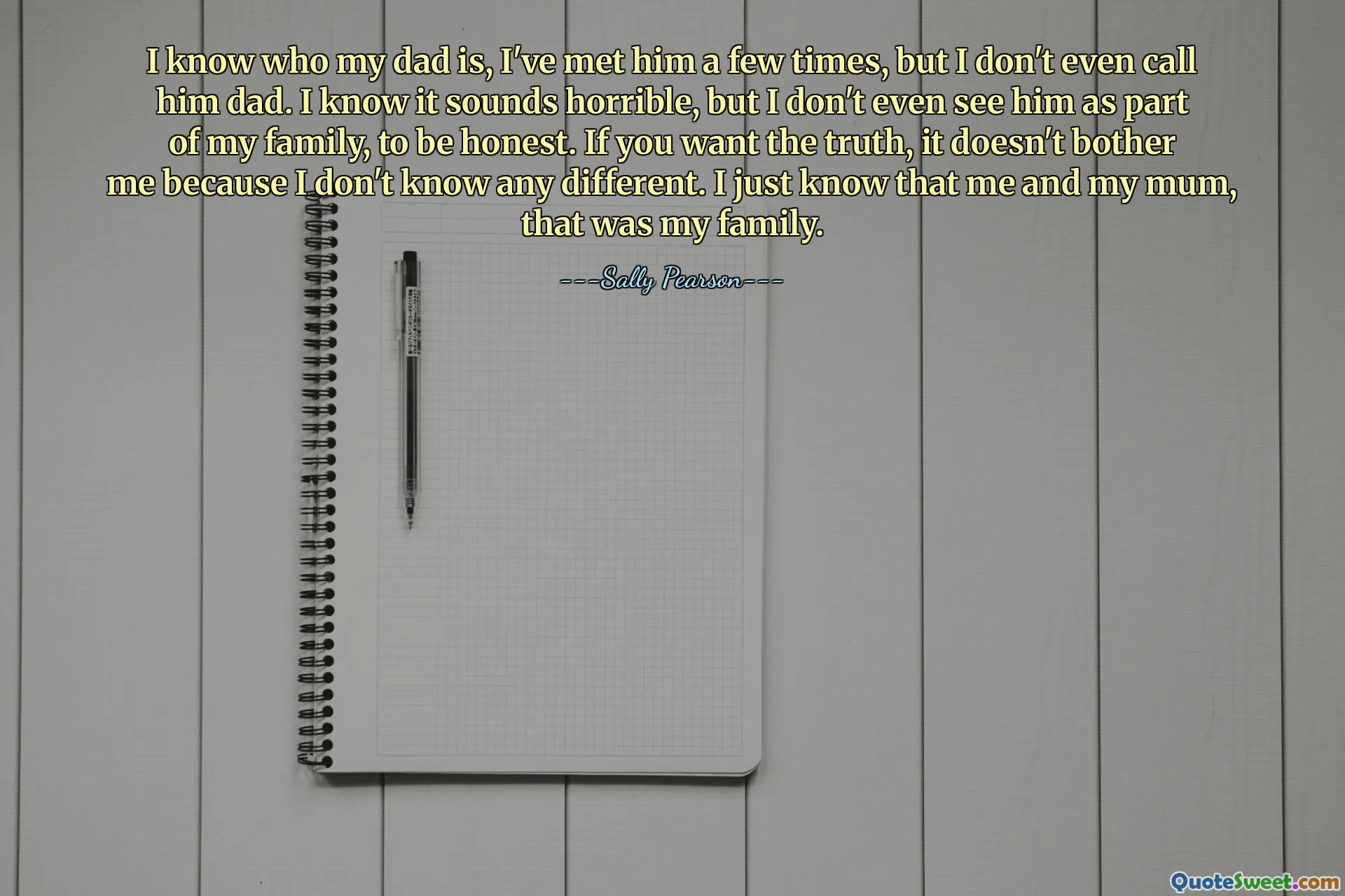 I know who my dad is, I've met him a few times, but I don't even call him dad. I know it sounds horrible, but I don't even see him as part of my family, to be honest. If you want the truth, it doesn't bother me because I don't know any different. I just know that me and my mum, that was my family.