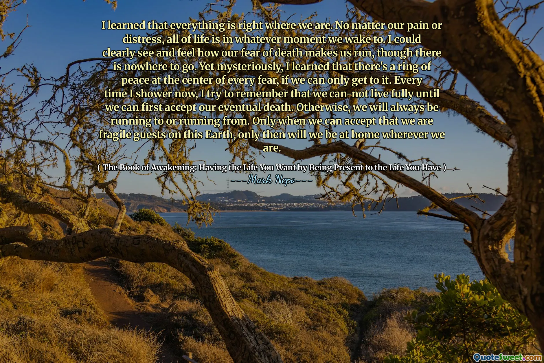 تعلمت أن كل شيء على ما يرام حيث نحن. بغض النظر عن آلامنا أو ضائقةنا ، فإن الحياة كلها في أي لحظة نستيقظ فيها. يمكن أن أرى بوضوح وأشعر كيف أن خوفنا من الموت يجعلنا نركض ، على الرغم من أنه لا يوجد مكان نذهب إليه. ومع ذلك ، فقد تعلمت أن هناك حلقة من السلام في وسط كل خوف ، إذا تمكنا من الوصول إليها فقط. في كل مرة أستحم الآن ، أحاول أن أتذكر أنه لا يمكننا العيش بشكل كامل حتى نتمكن من قبول موتنا النهائي أولاً. خلاف ذلك ، سنقوم دائمًا بالركض أو الركض. فقط عندما يمكننا قبول أننا ضيوف هشين على هذه الأرض ، عندها فقط سنكون في المنزل أينما كنا.