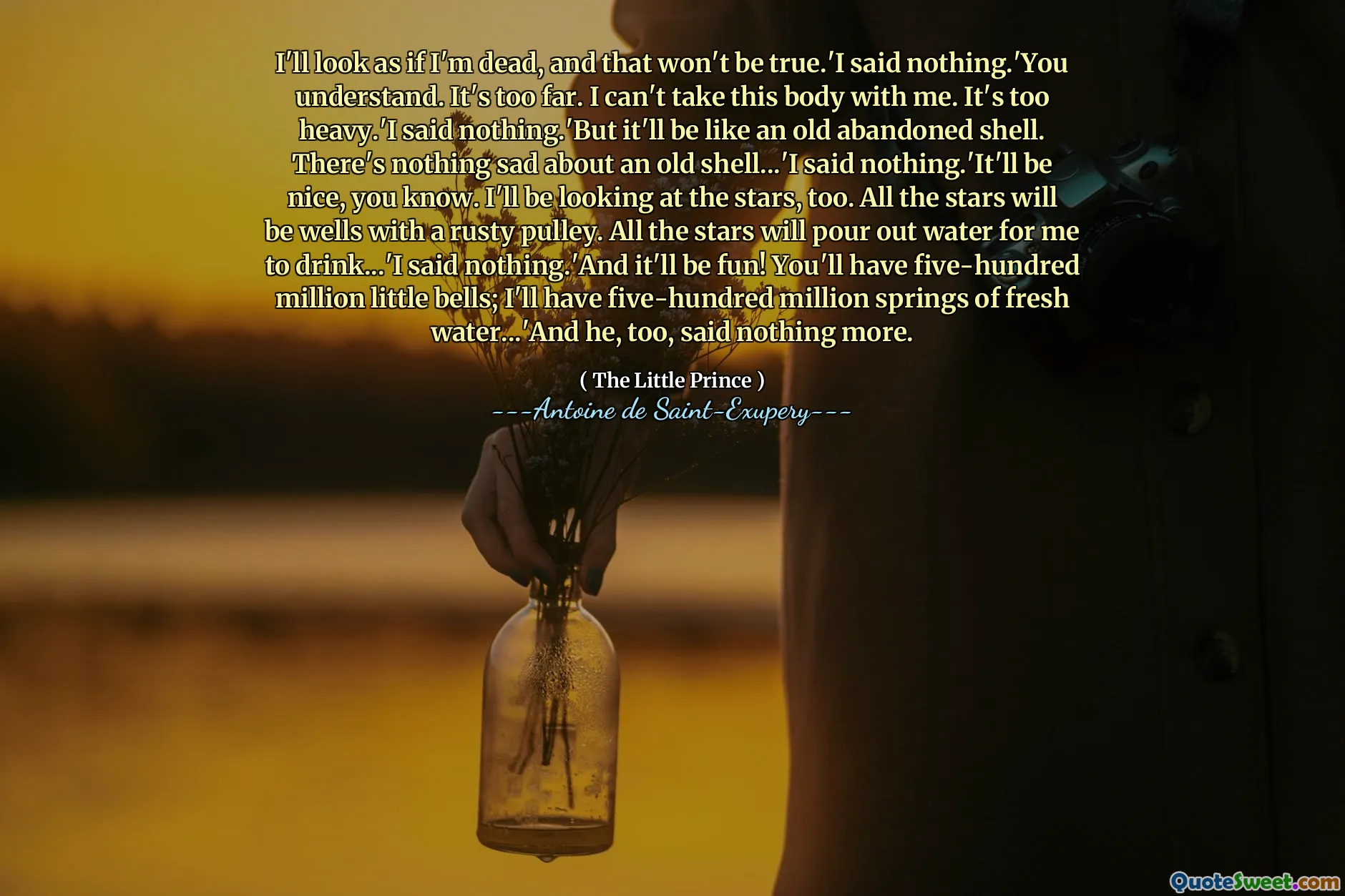I'll look as if I'm dead, and that won't be true.'I said nothing.'You understand. It's too far. I can't take this body with me. It's too heavy.'I said nothing.'But it'll be like an old abandoned shell. There's nothing sad about an old shell...'I said nothing.'It'll be nice, you know. I'll be looking at the stars, too. All the stars will be wells with a rusty pulley. All the stars will pour out water for me to drink...'I said nothing.'And it'll be fun! You'll have five-hundred million little bells; I'll have five-hundred million springs of fresh water...'And he, too, said nothing more.