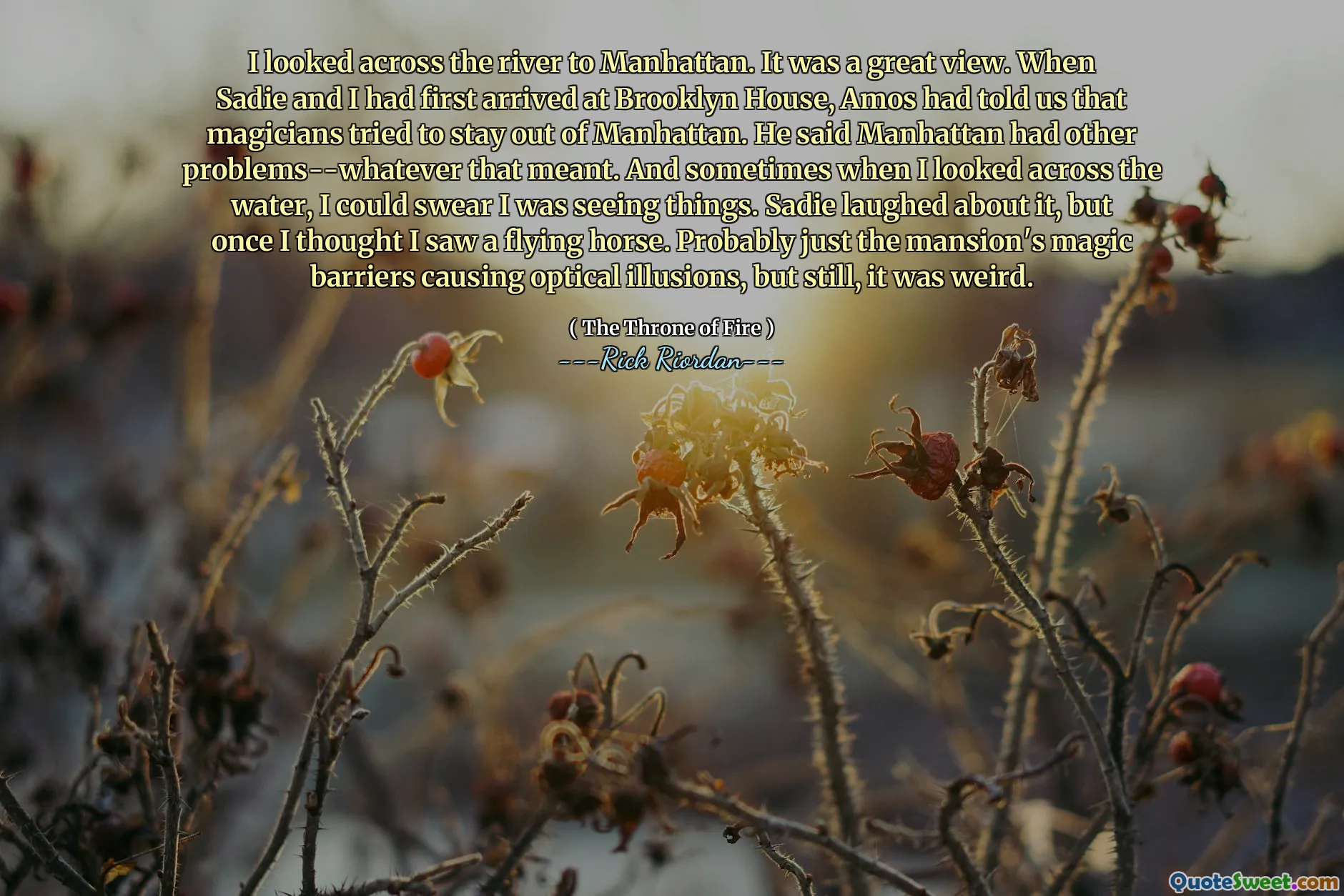 I looked across the river to Manhattan. It was a great view. When Sadie and I had first arrived at Brooklyn House, Amos had told us that magicians tried to stay out of Manhattan. He said Manhattan had other problems--whatever that meant. And sometimes when I looked across the water, I could swear I was seeing things. Sadie laughed about it, but once I thought I saw a flying horse. Probably just the mansion's magic barriers causing optical illusions, but still, it was weird.