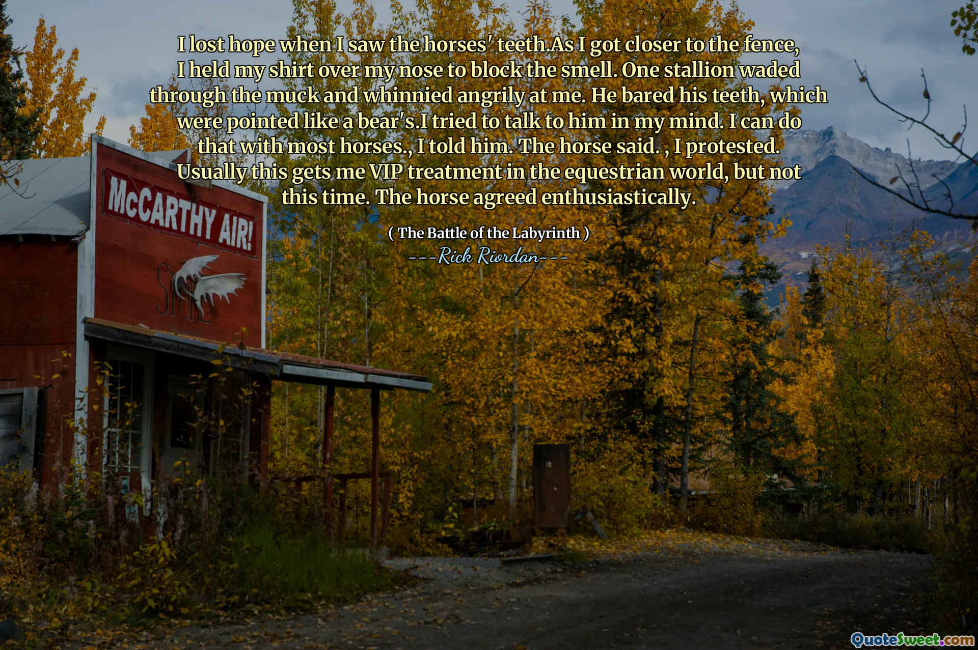 I lost hope when I saw the horses' teeth.As I got closer to the fence, I held my shirt over my nose to block the smell. One stallion waded through the muck and whinnied angrily at me. He bared his teeth, which were pointed like a bear's.I tried to talk to him in my mind. I can do that with most horses., I told him. The horse said. , I protested. Usually this gets me VIP treatment in the equestrian world, but not this time. The horse agreed enthusiastically.