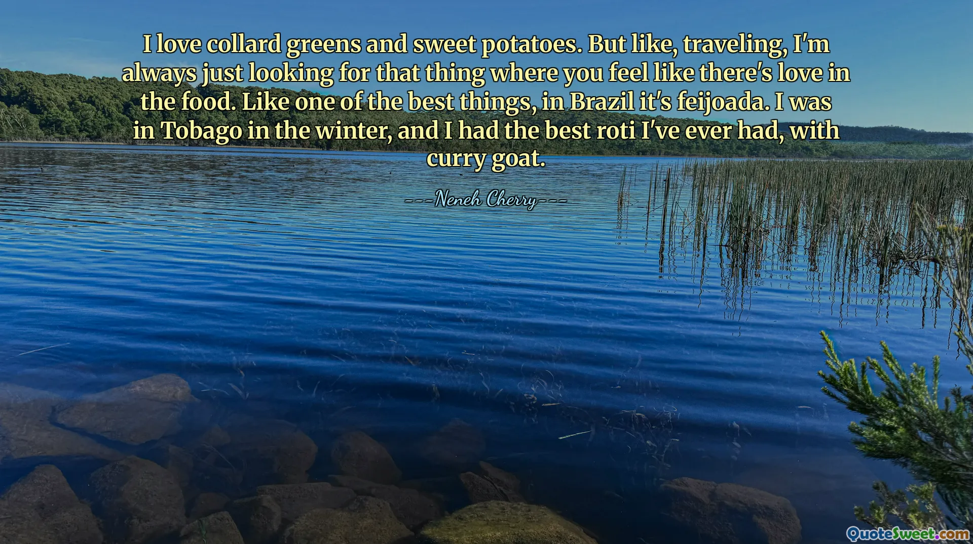 I love collard greens and sweet potatoes. But like, traveling, I'm always just looking for that thing where you feel like there's love in the food. Like one of the best things, in Brazil it's feijoada. I was in Tobago in the winter, and I had the best roti I've ever had, with curry goat.
