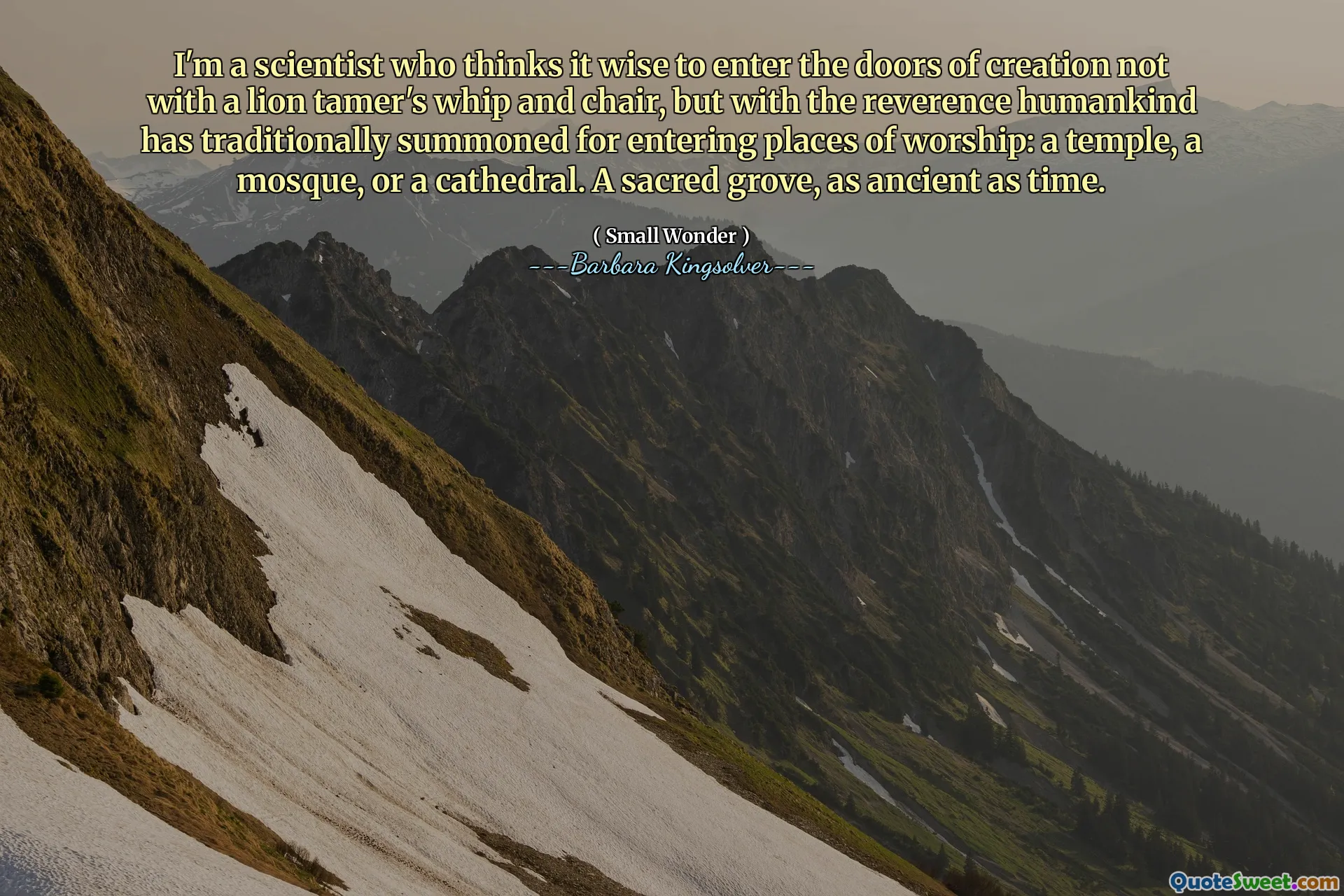 Ik ben een wetenschapper die het verstandig denkt om de deuren van de schepping binnen te gaan, niet met een leeuwentemmer's zweep en stoel, maar met de eerbied heeft de mensheid traditioneel opgeroepen voor het betreden van plaatsen van aanbidding: een tempel, een moskee of een kathedraal. Een heilig bos, zo oud als de tijd.