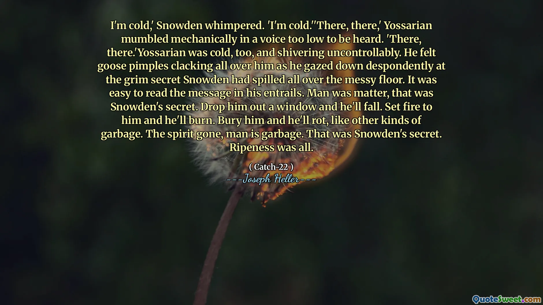 მე ცივი ვარ, 'სნოუდენმა ჩაიძირა. 'მე ცივი ვარ.' 'იქ, იქ,' იოსარიანმა მექანიკურად წამოიძახა ხმაში ძალიან დაბალი, რომ ისმოდა. 'იქ, იქ.' 'კიოსარიანიც ცივი იყო და უკონტროლოდ კანკალებდა. მან იგრძნო, რომ ბატი pimples ატარებდა მას მთელს მასზე, როდესაც მან უიმედოდ გაათავისუფლა მწვავე საიდუმლო სნოუდენმა მთელ ბინძურ იატაკზე დაიღვარა. ადვილი იყო მისი მესიჯის წაკითხვა მის წვრილმანებში. კაცი იყო, ეს